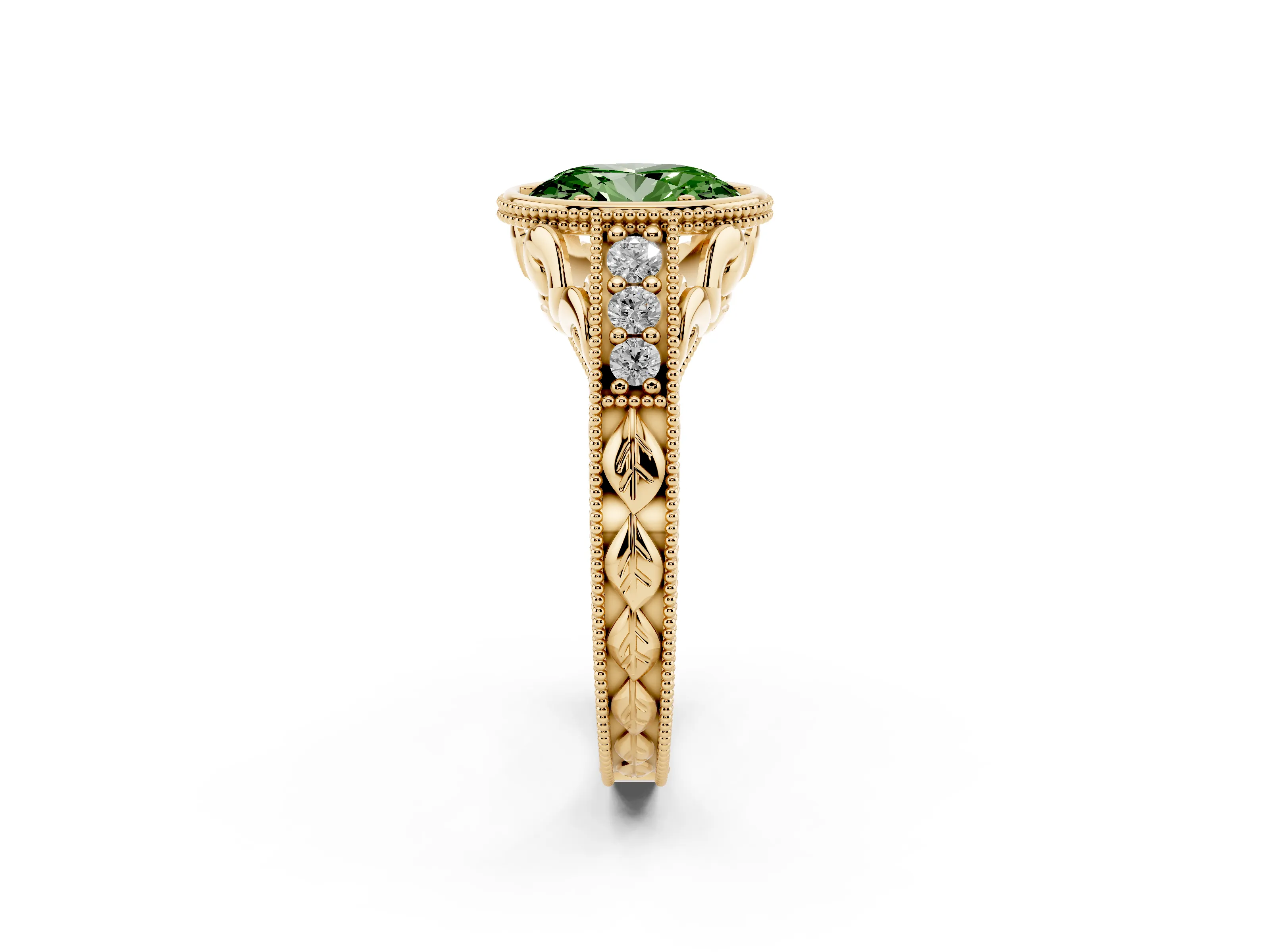 Fancy Green Bezel Set Oval Cut Diamond Milgrain Pavé Engagement Ring Set in Yellow gold