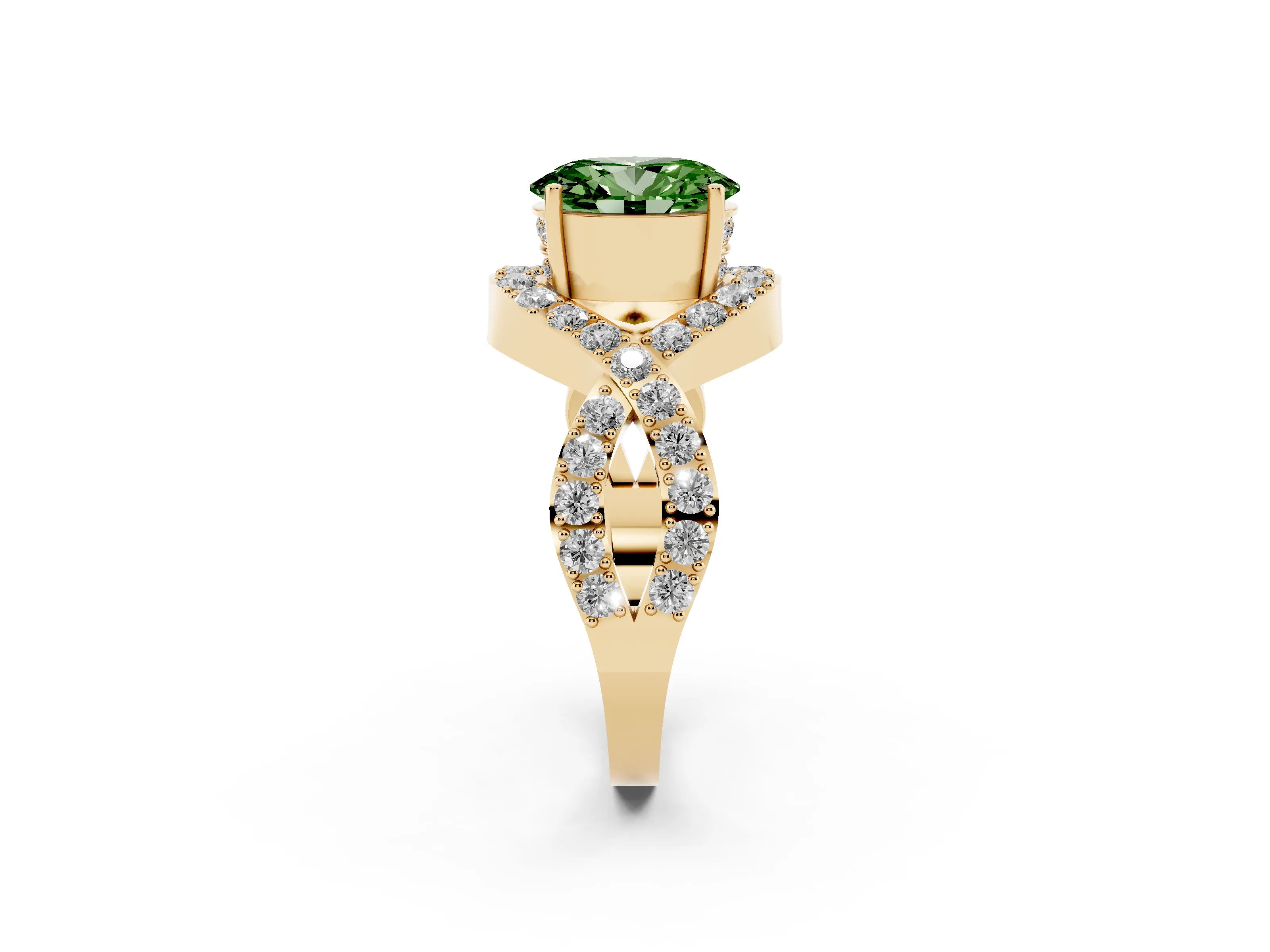 Fancy Green Oval Cut Diamond Solitaire Twist Band Pavé Engagement Ring Set in Yellow gold