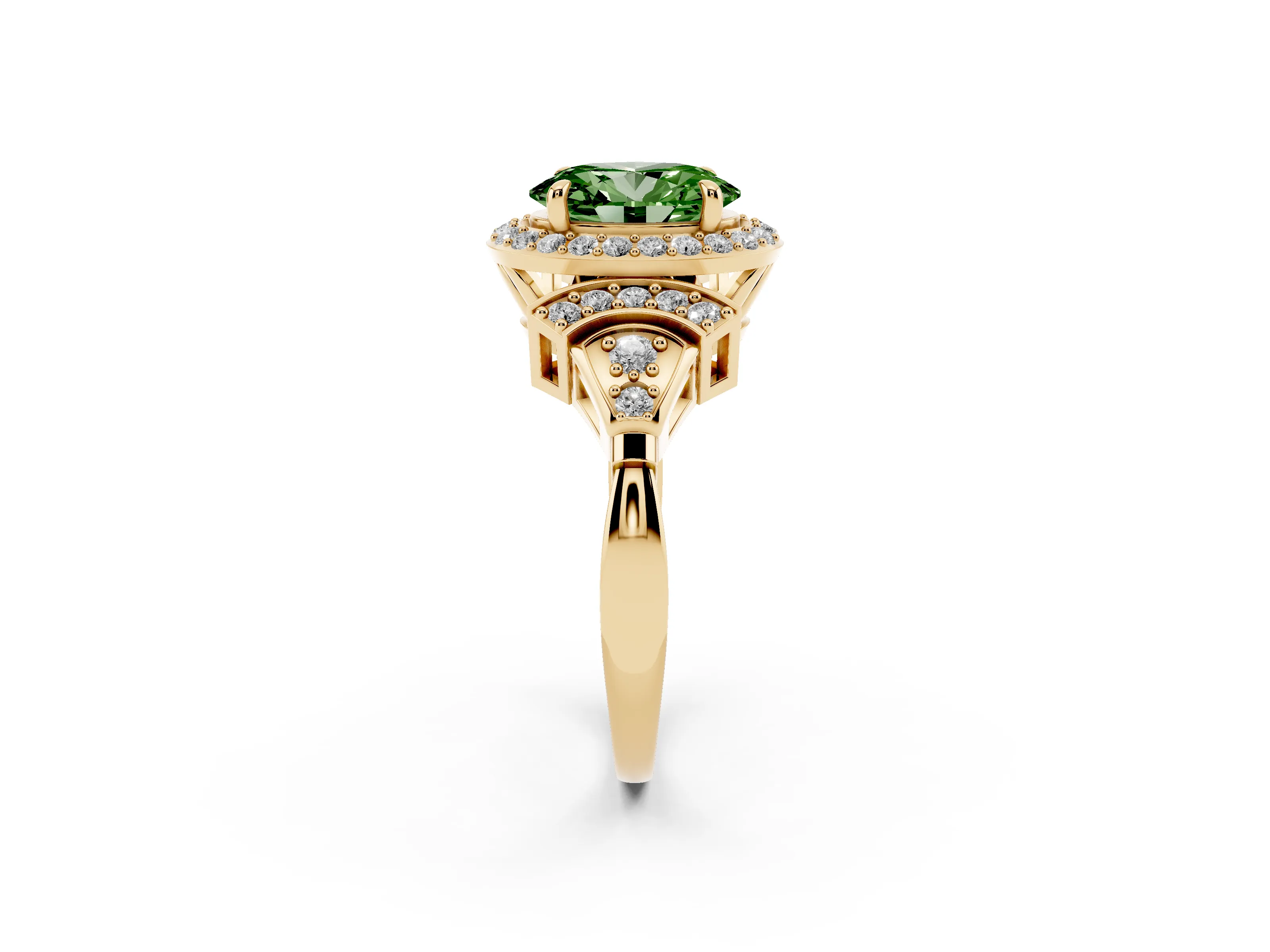 Fancy Green Oval Cut Diamond Halo Engagement Ring Set in Yellow gold with Accent Stone Split Shank