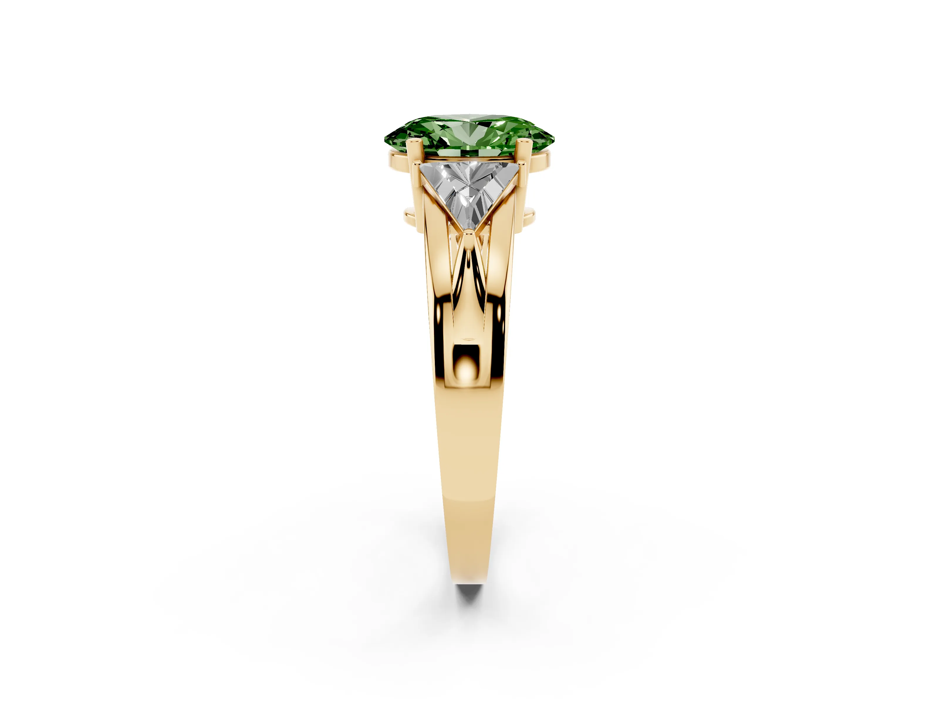 Fancy Green Oval Cut Diamond Three-Stone Ring Set in Yellow gold with Trillion Side Stones and Split Shank