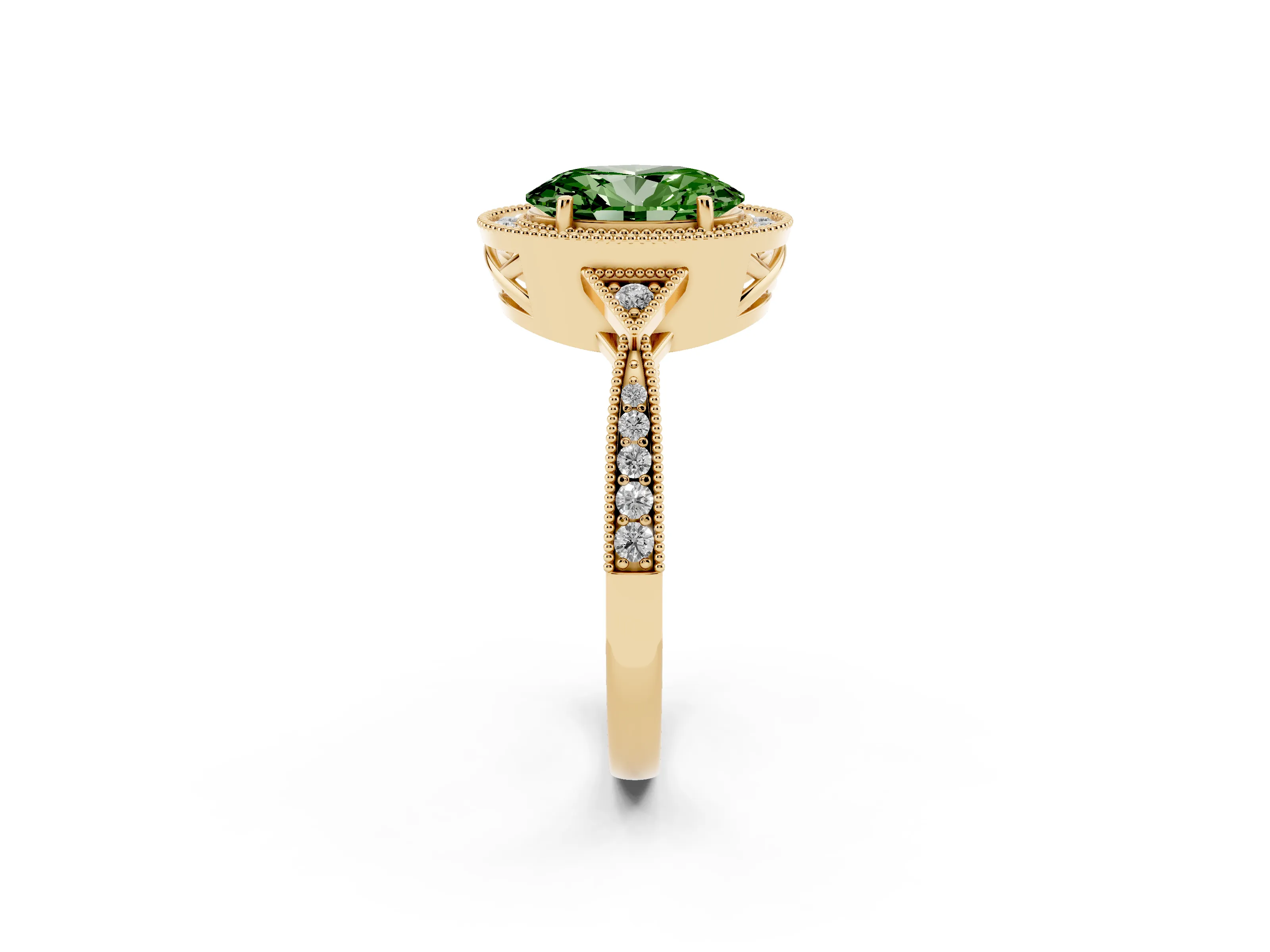 Fancy Green Oval Cut Diamond Halo Engagement Ring Set in Yellow gold with Milgrain Pavé Band