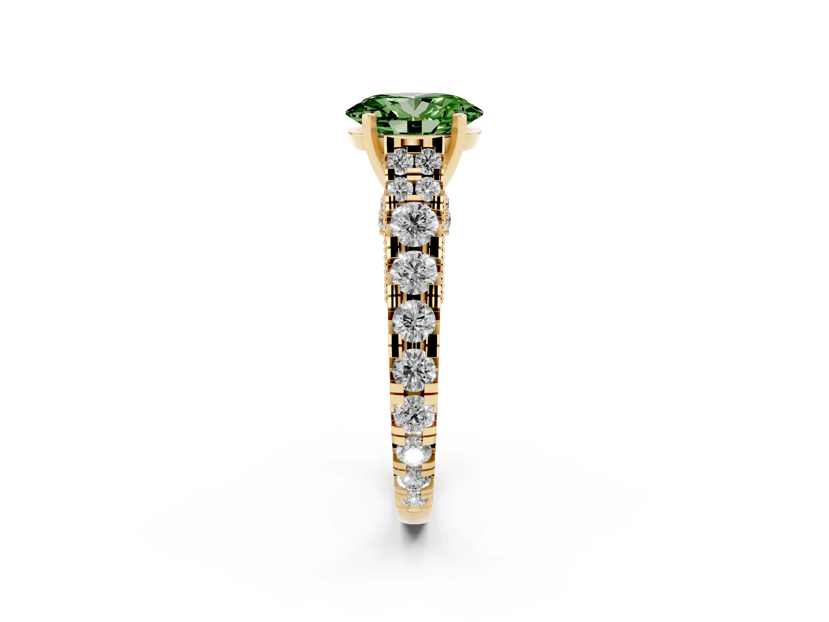 Fancy Green Oval Cut Diamond Classic Solitaire Ring Set in Yellow gold with Pavé Band and Prong Setting