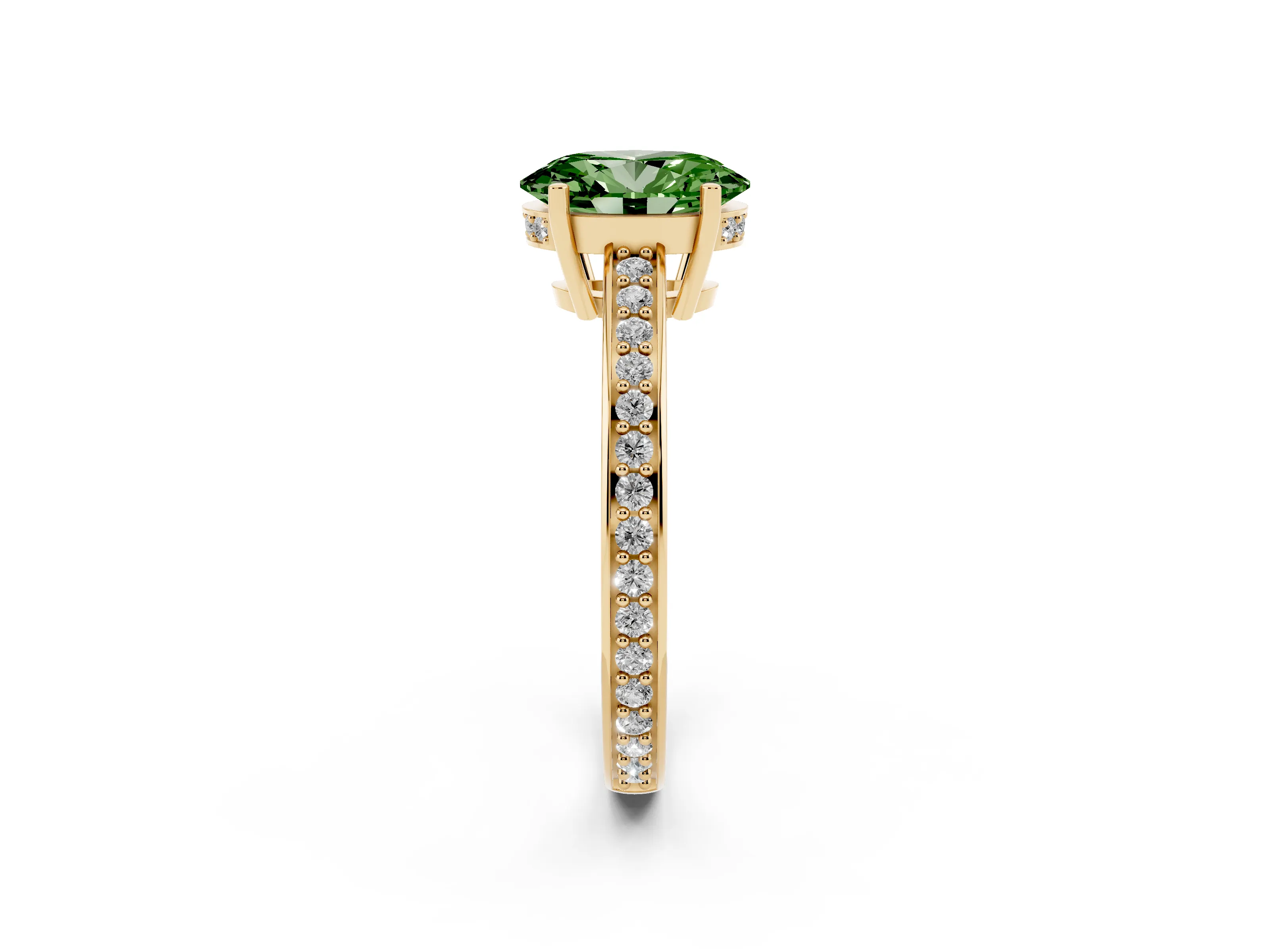 Fancy Green Oval Cut Diamond Pavé Band Prong Set Solitaire Ring Set in Yellow gold