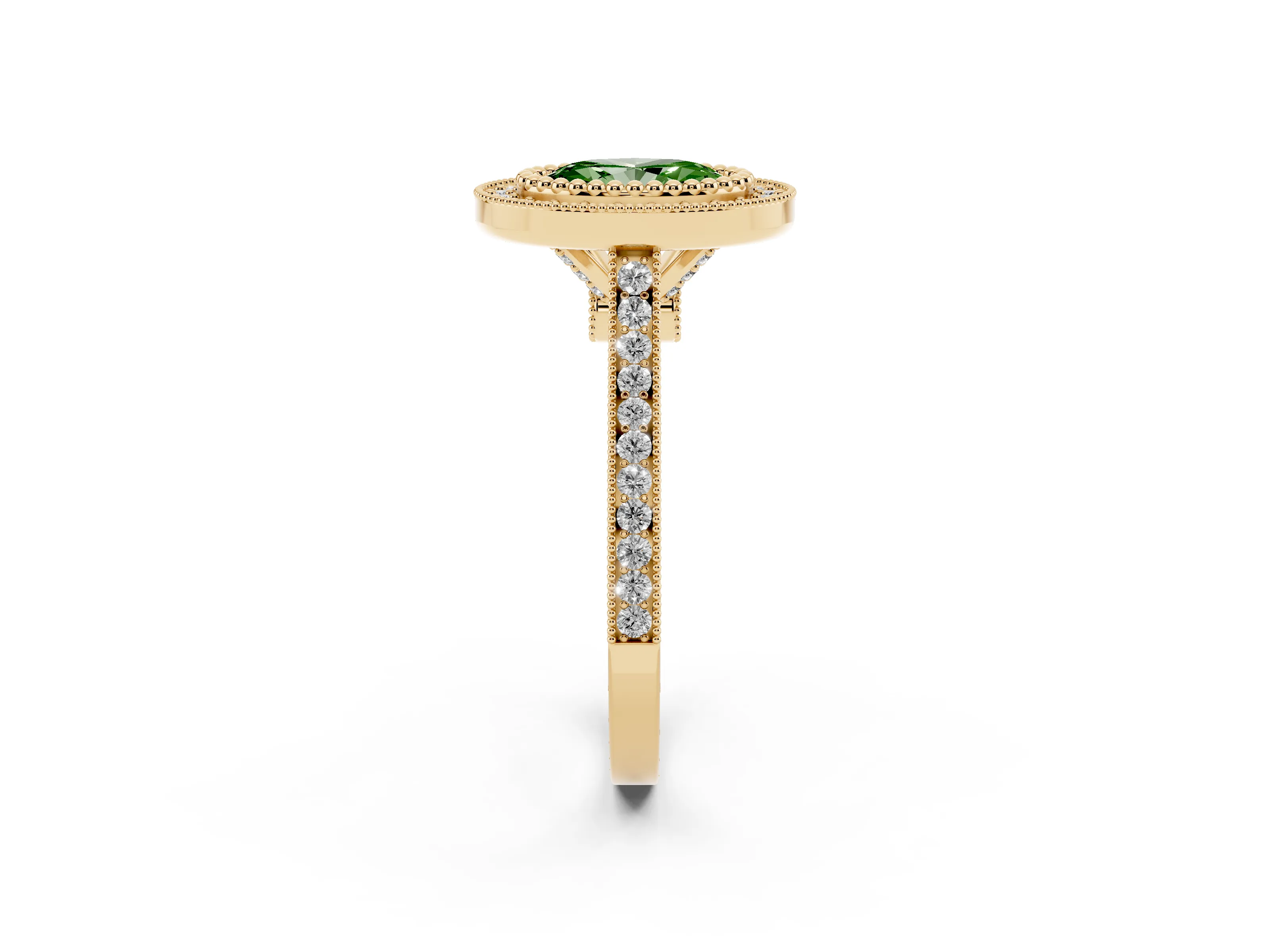 Fancy Green Oval Cut Diamond Halo Ring Set in Yellow gold with Milgrain Frame and Pavé Band