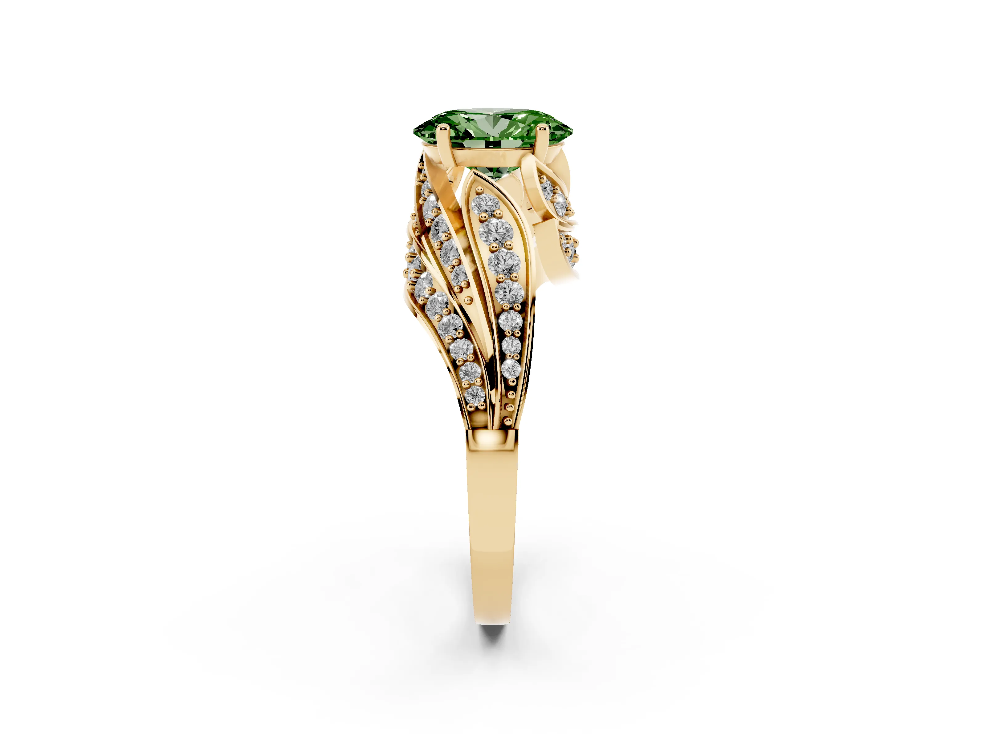 Fancy Green Oval Cut Diamond Solitaire Ring Set in Yellow gold with Layered Twist Pavé Band