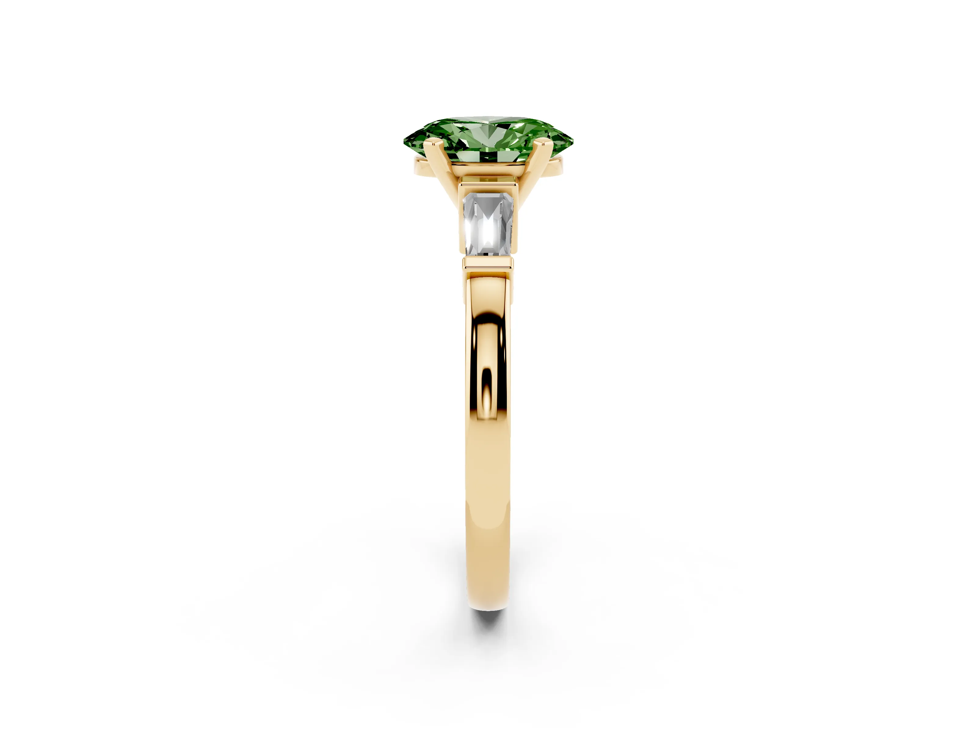 Fancy Green Oval Cut Diamond Solitaire Ring Set in Yellow gold with Tapered Baguette Accents and Prong Setting