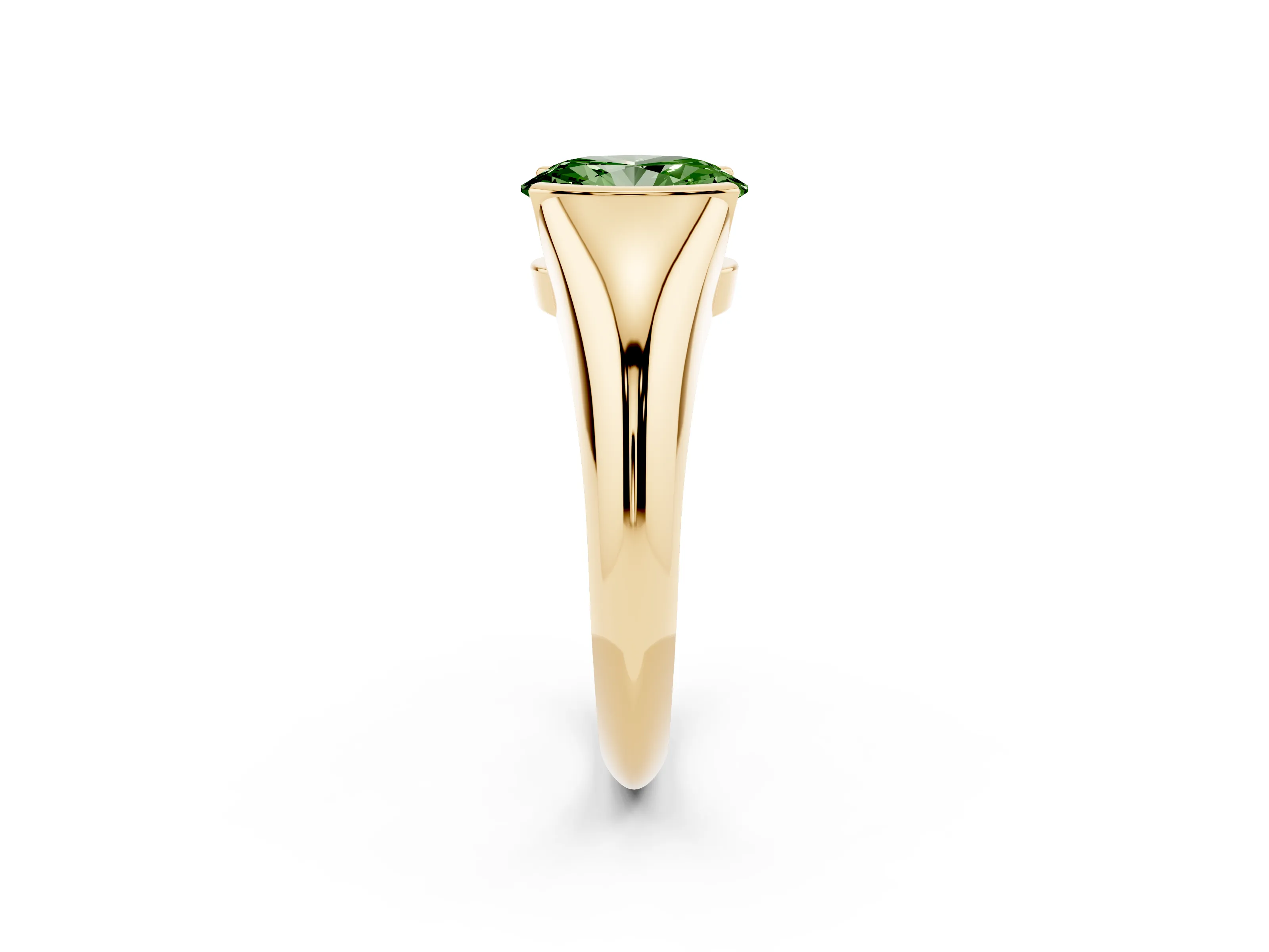 Fancy Green Oval Cut Diamond Solitaire Tension Set Ring Set in Yellow gold