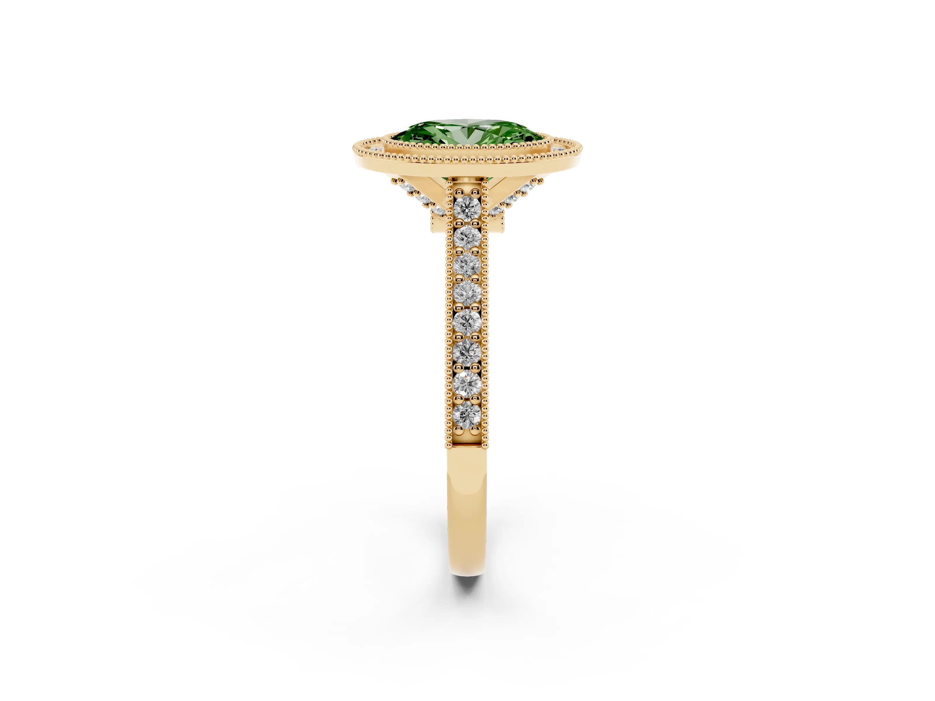 Fancy Green Oval Cut Diamond Halo Milgrain Pavé Band Ring Set in Yellow gold with Prong Setting