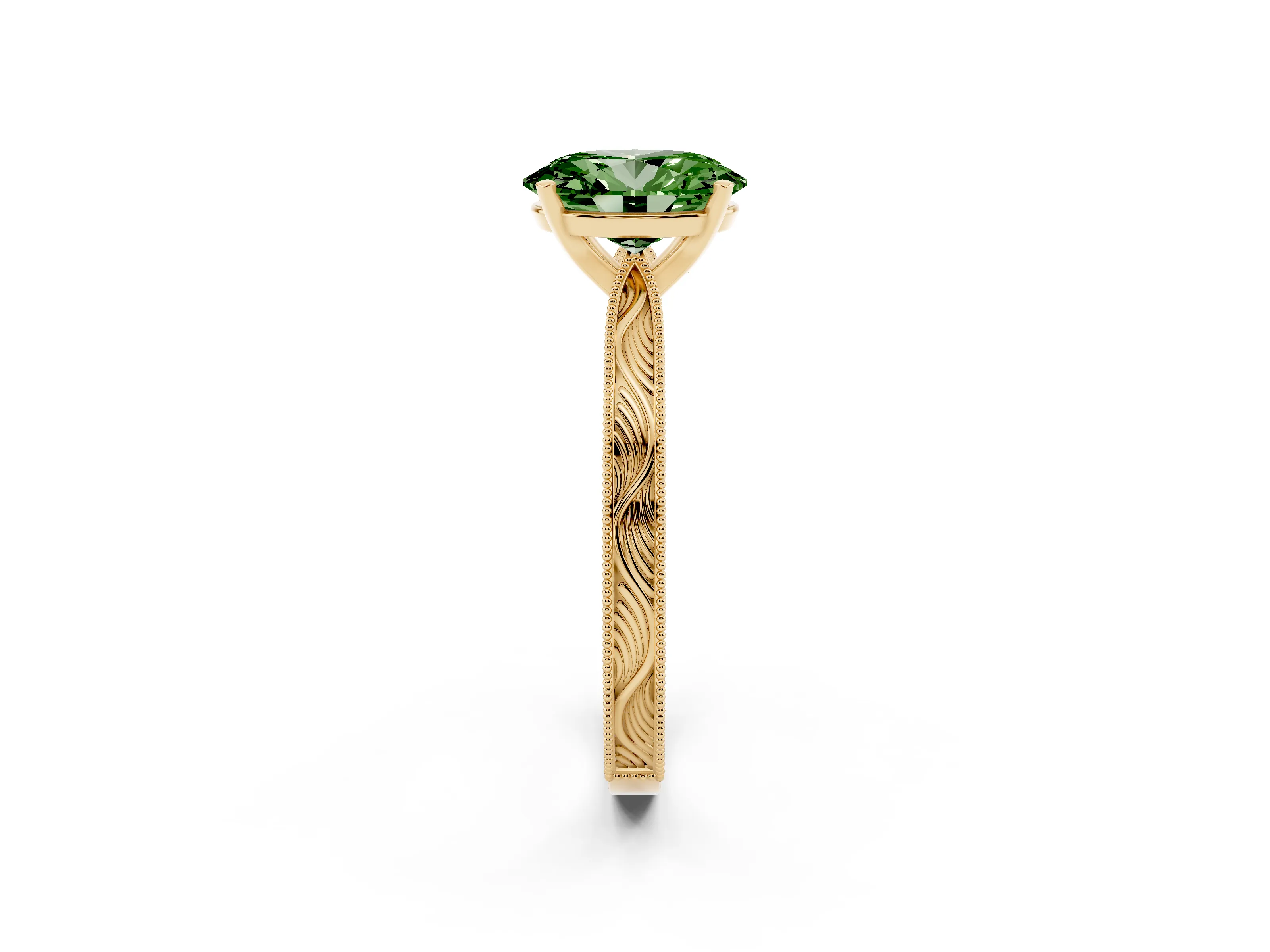 Fancy Green Oval Cut Diamond Solitaire Milgrain Engraved Band Set in Yellow gold with Prong Setting