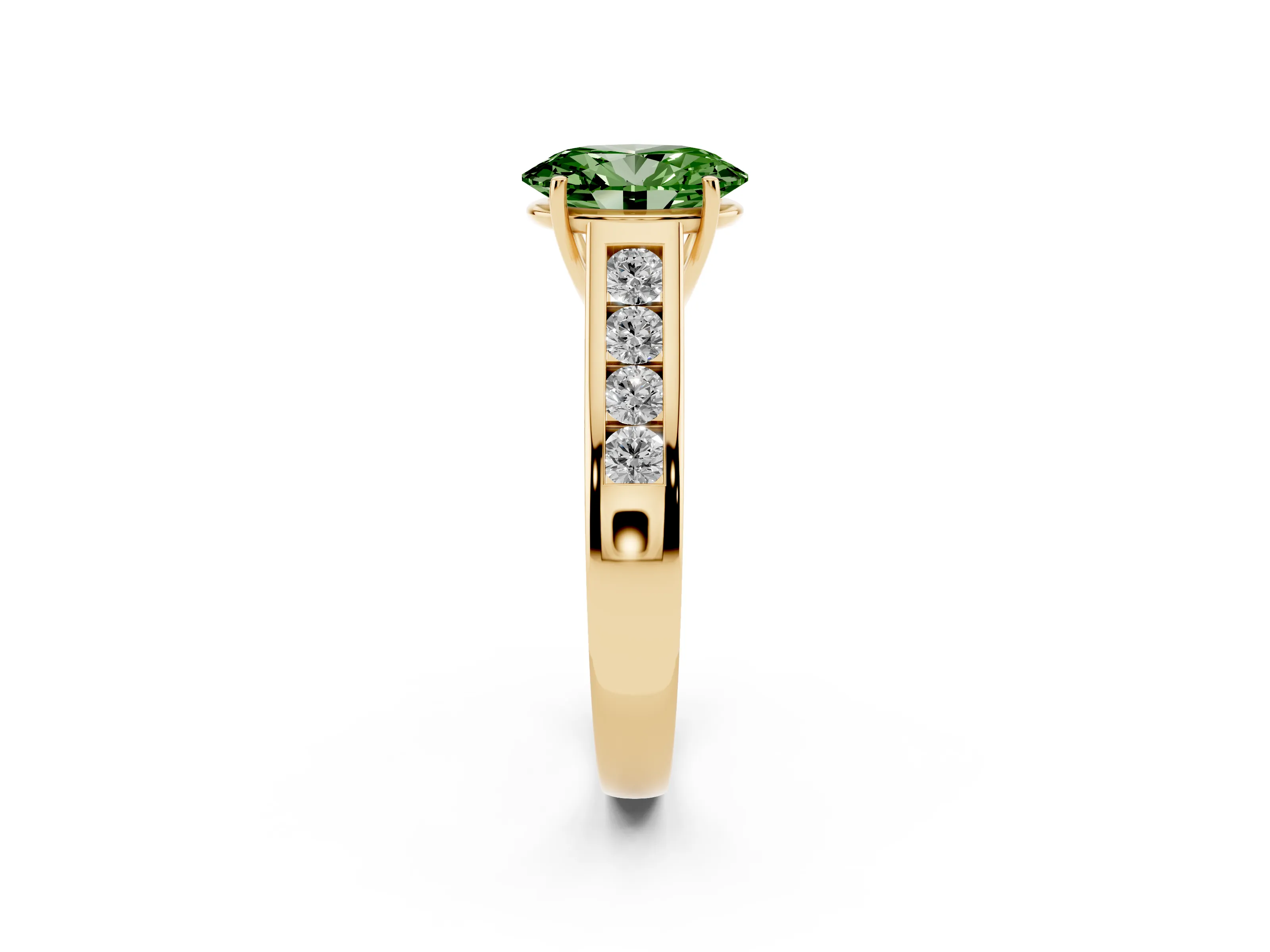 Fancy Green Oval Cut Diamond Solitaire Channel-Set Engagement Ring Set in Yellow gold with Prong Setting