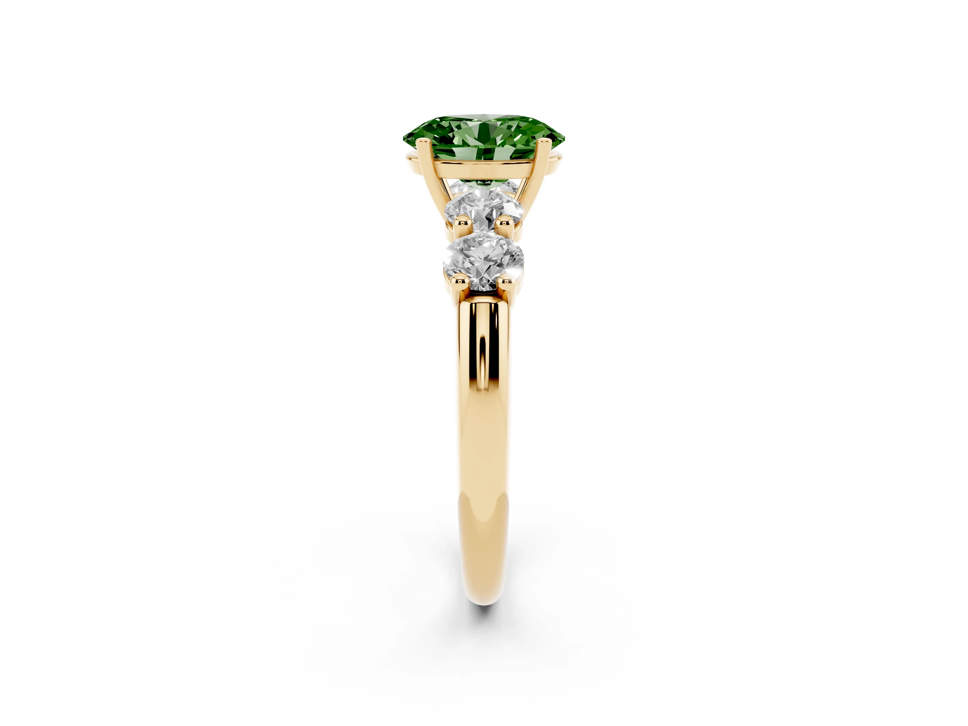 Fancy Green Oval Cut Diamond Five-Stone Prong Set Ring Set in Yellow gold with Classic Band