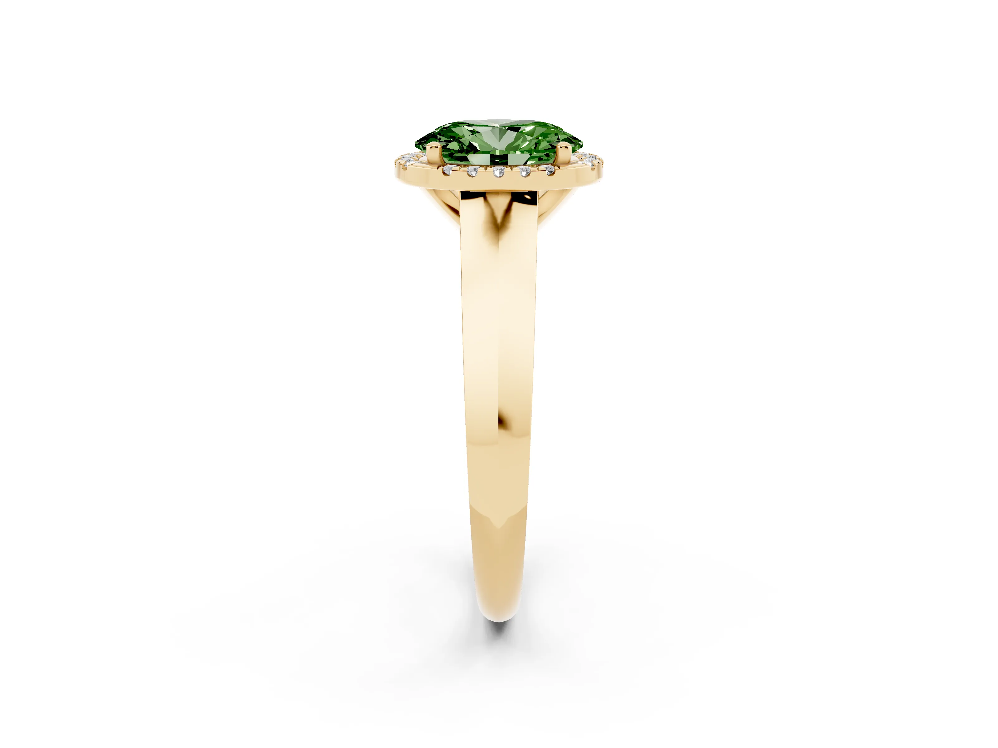 Fancy Green Oval Cut Diamond Halo Ring Set in Yellow gold with Cathedral Band and Prong Setting