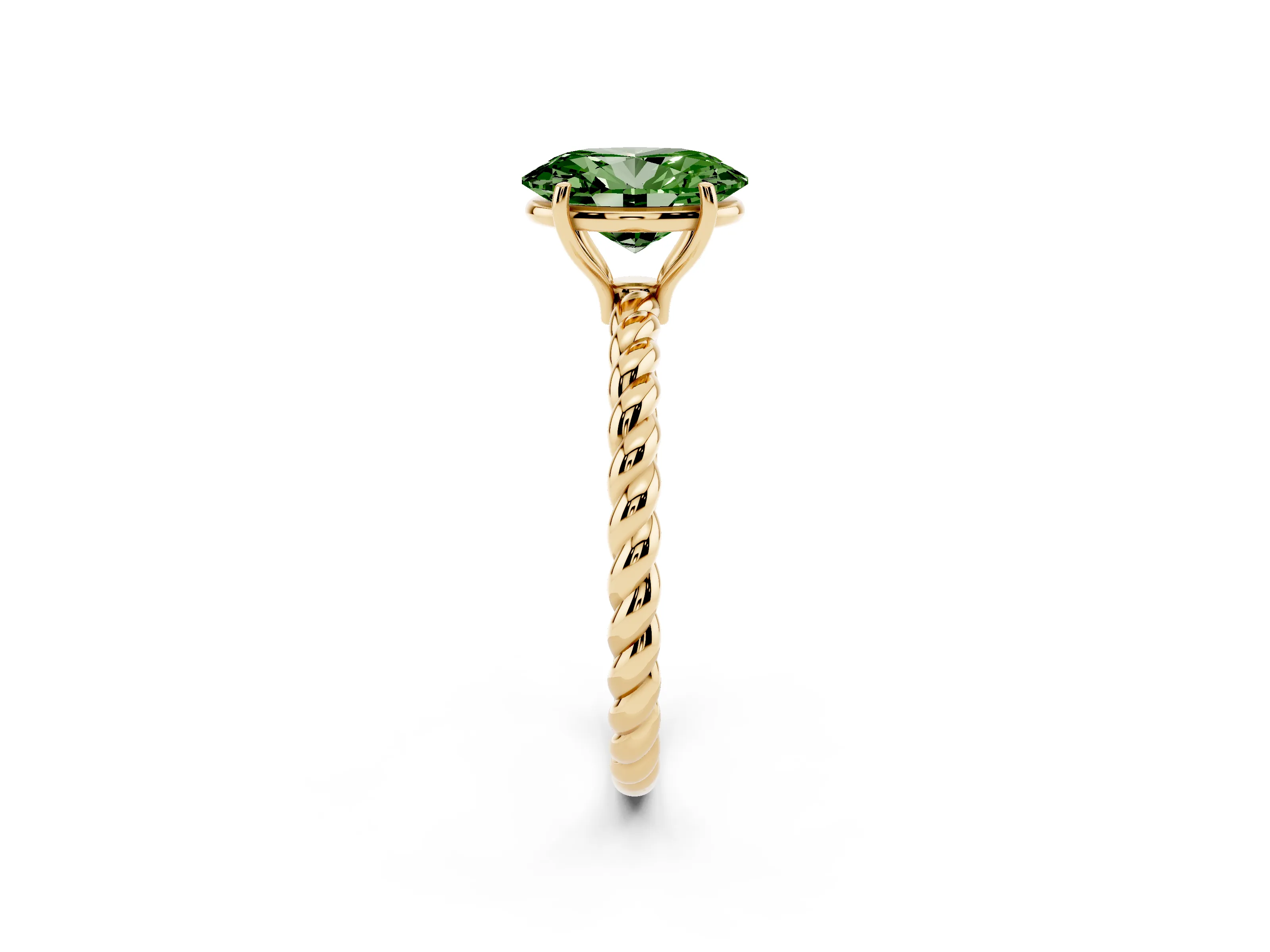 Fancy Green Oval Cut Diamond Solitaire Twisted Band Ring Set in Yellow gold with Prong Solitaire Setting