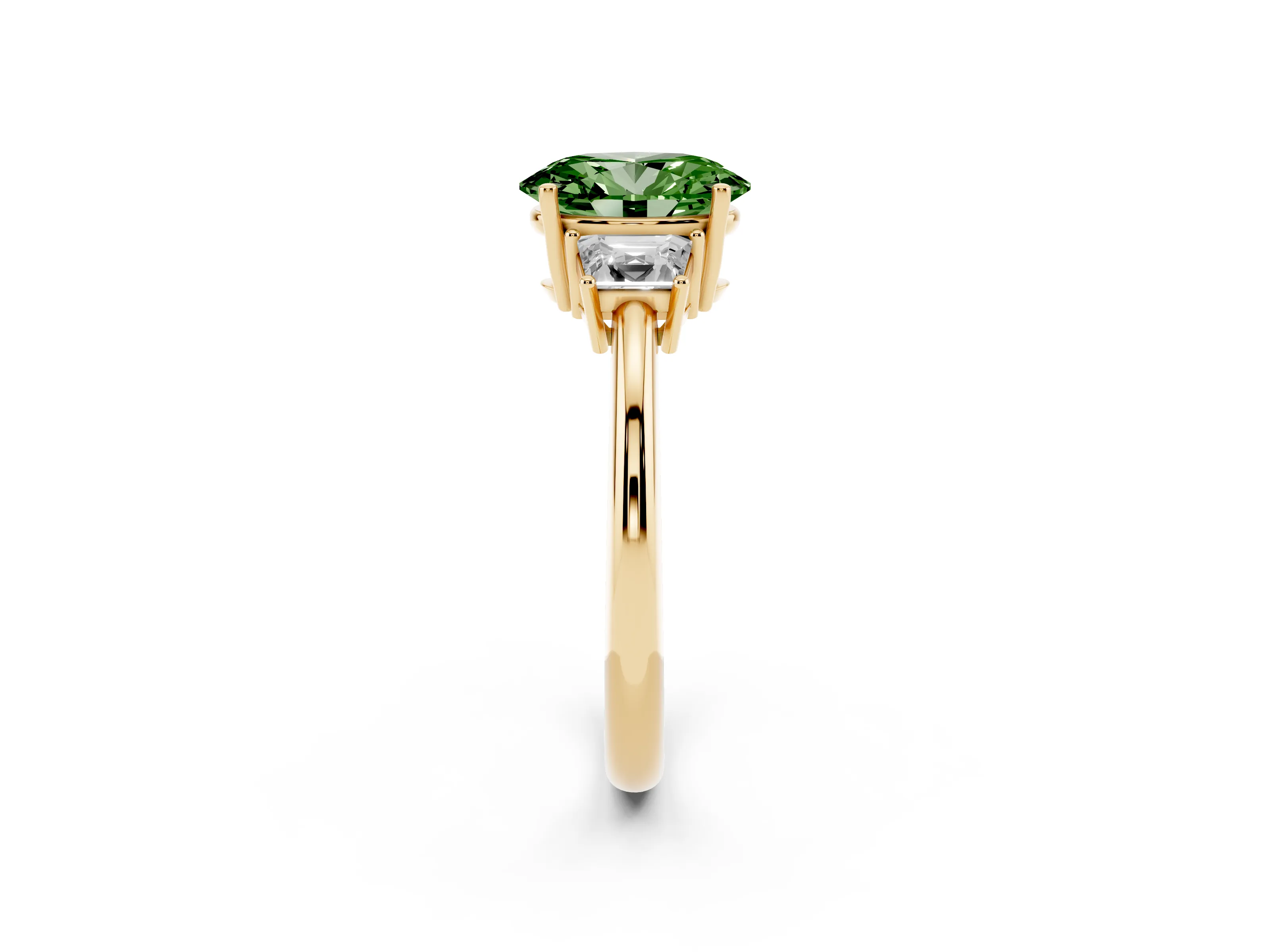 Fancy Green Oval Cut Diamond Three-Stone Ring Set in Yellow gold with Trapezoid Side Stones and Prong Setting