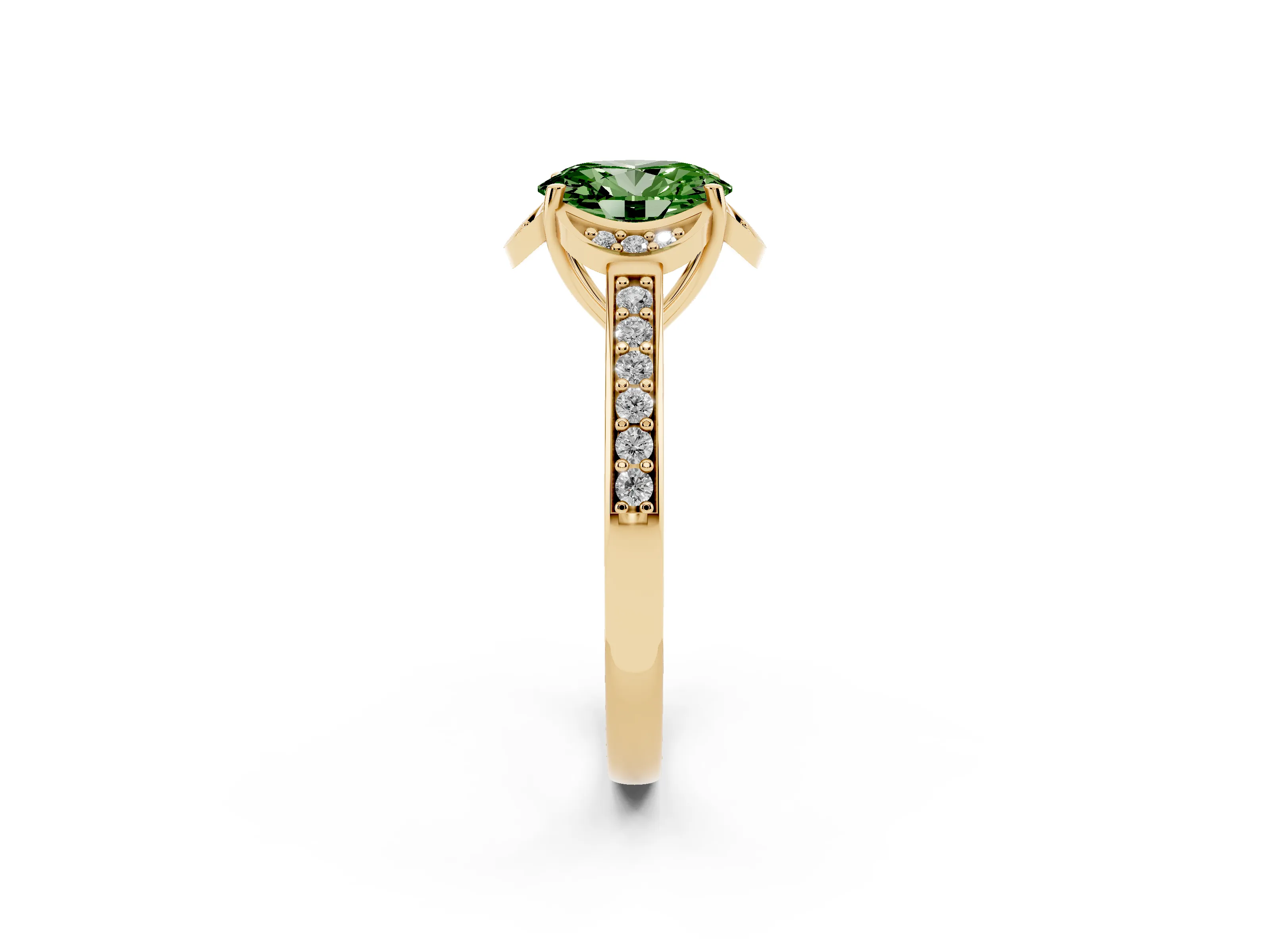 Fancy Green Oval Cut Diamond Halo Ring Set in Yellow gold with Channel Set Band and Prong Setting