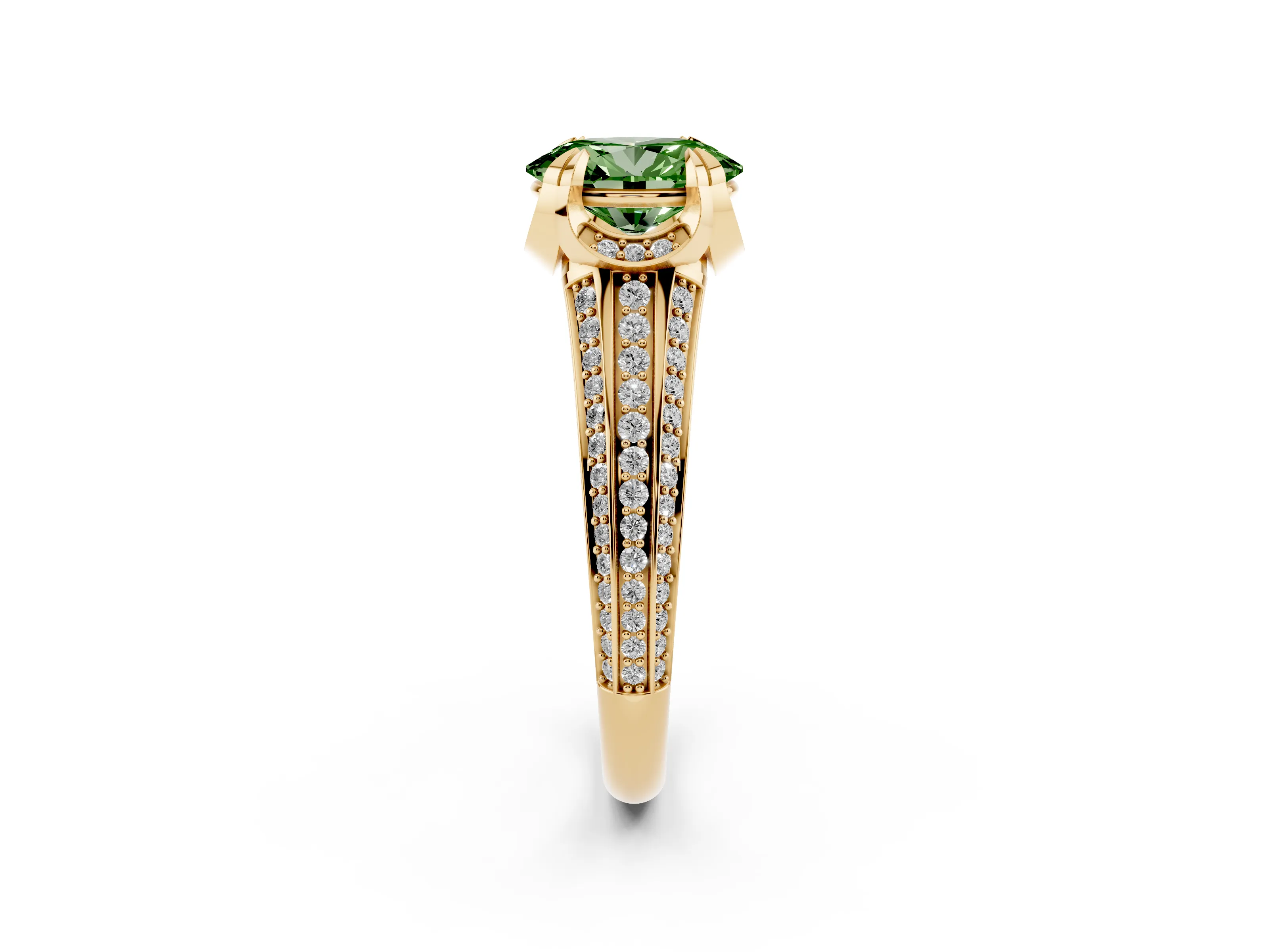 Fancy Green Oval Cut Diamond Pavé Split Shank Solitaire Ring Set in Yellow gold with Prong Setting