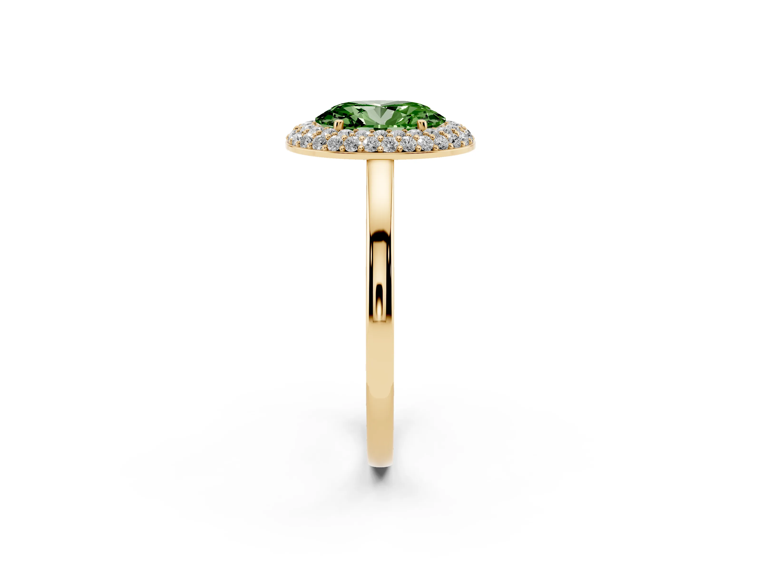 Fancy Green Oval Cut Diamond Halo Engagement Ring Set in Yellow gold with Solitaire Band and Prong Setting