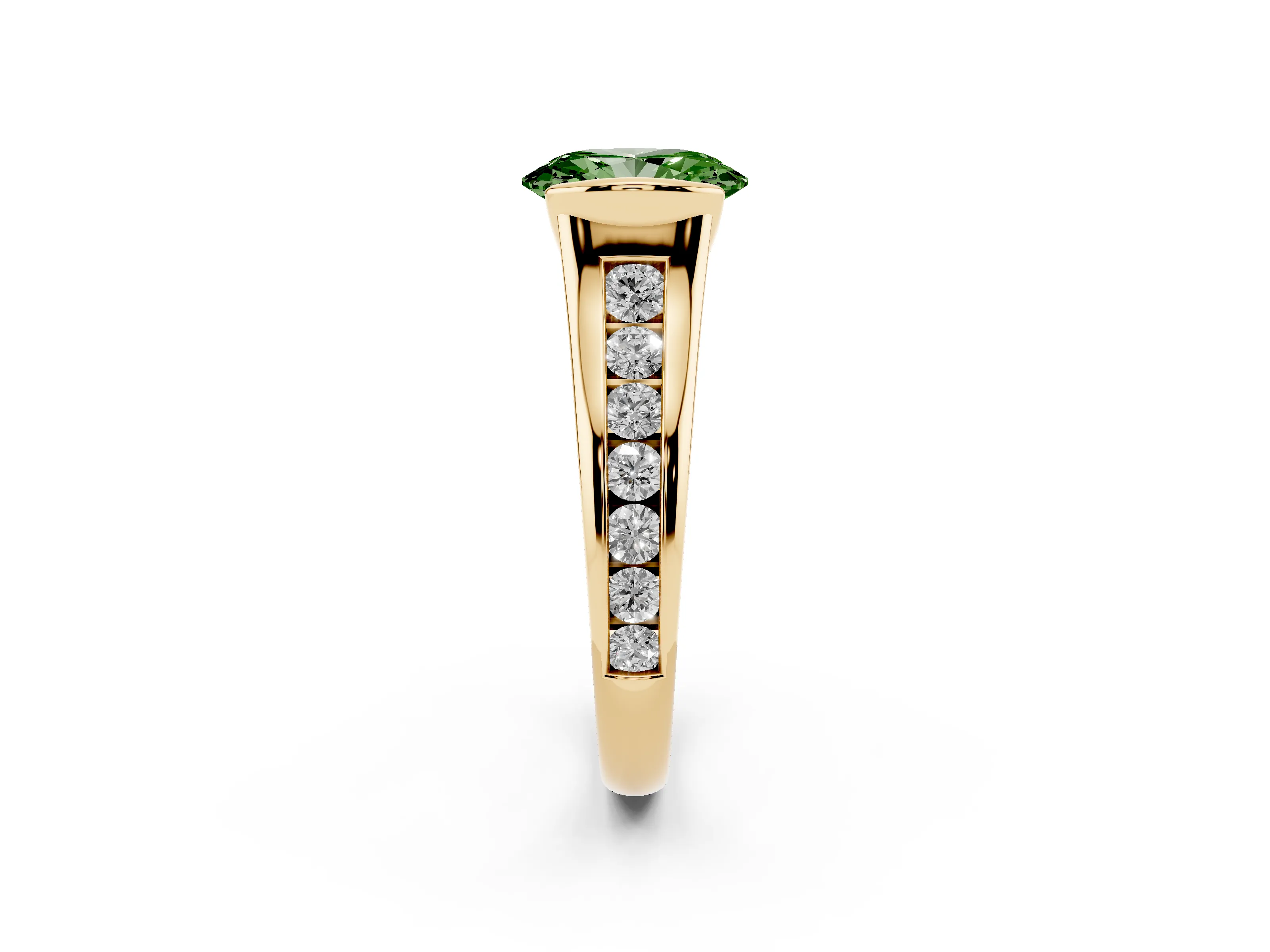 Fancy Green Oval Cut Diamond Bezel-Set Solitaire Ring Set in Yellow gold with Channel-Set Band