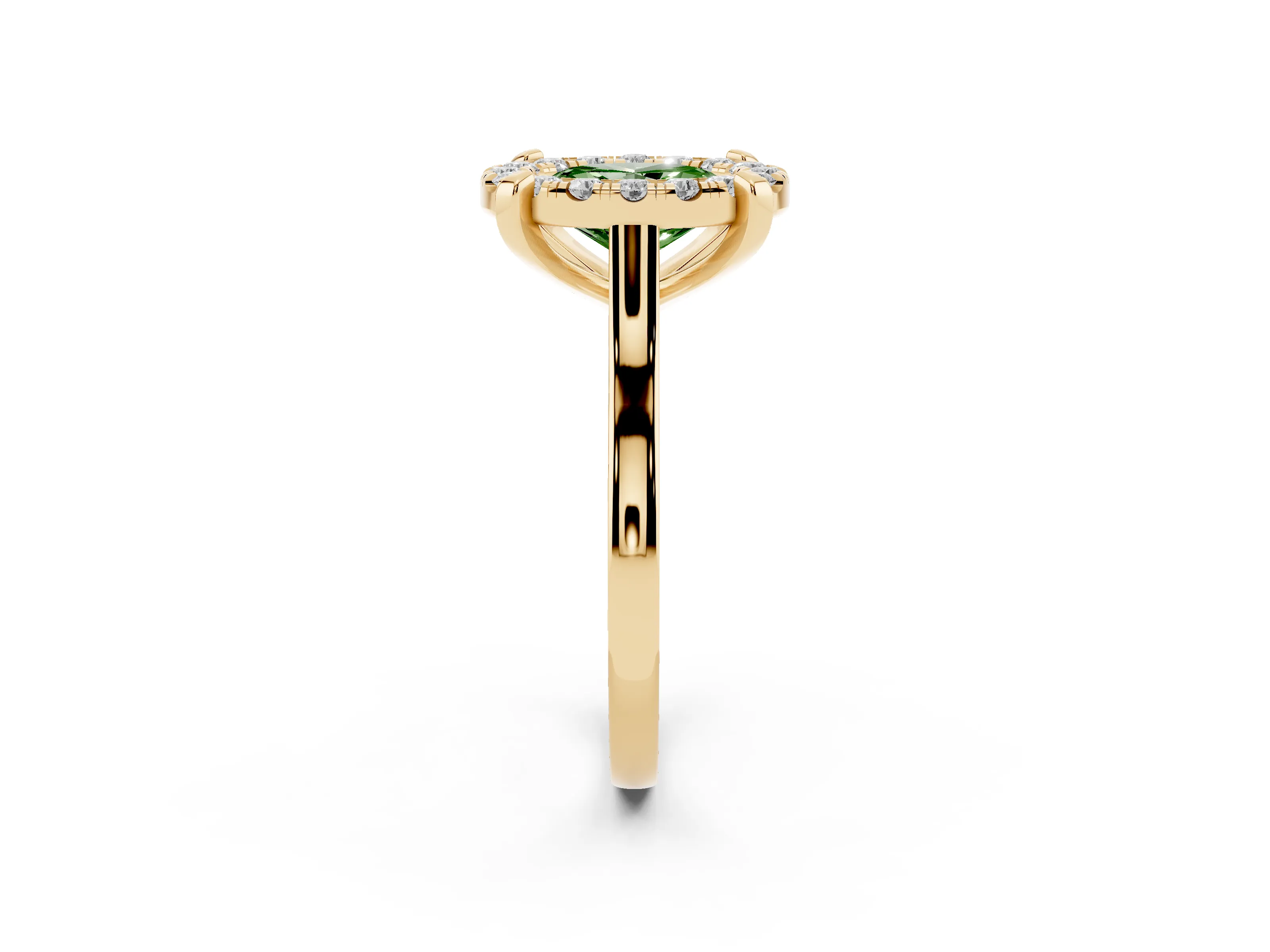 Fancy Green Oval Cut Diamond Cluster Halo Solitaire Ring Set in Yellow gold with Prong Setting