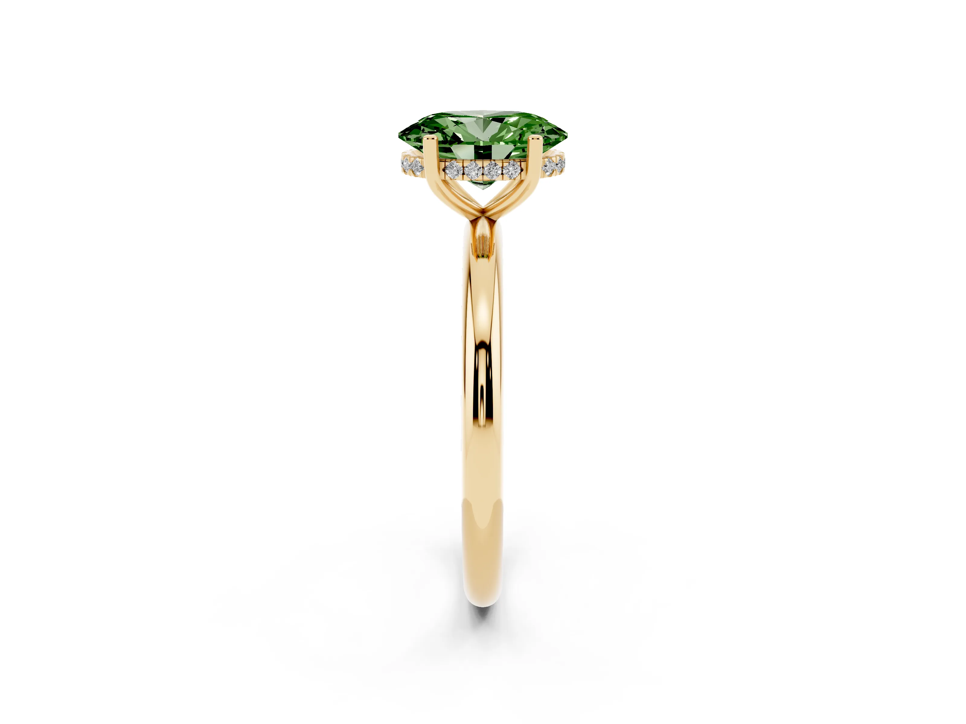 Fancy Green Oval Cut Diamond Solitaire Engagement Ring Set in Yellow gold with Prong Setting and Polished Band