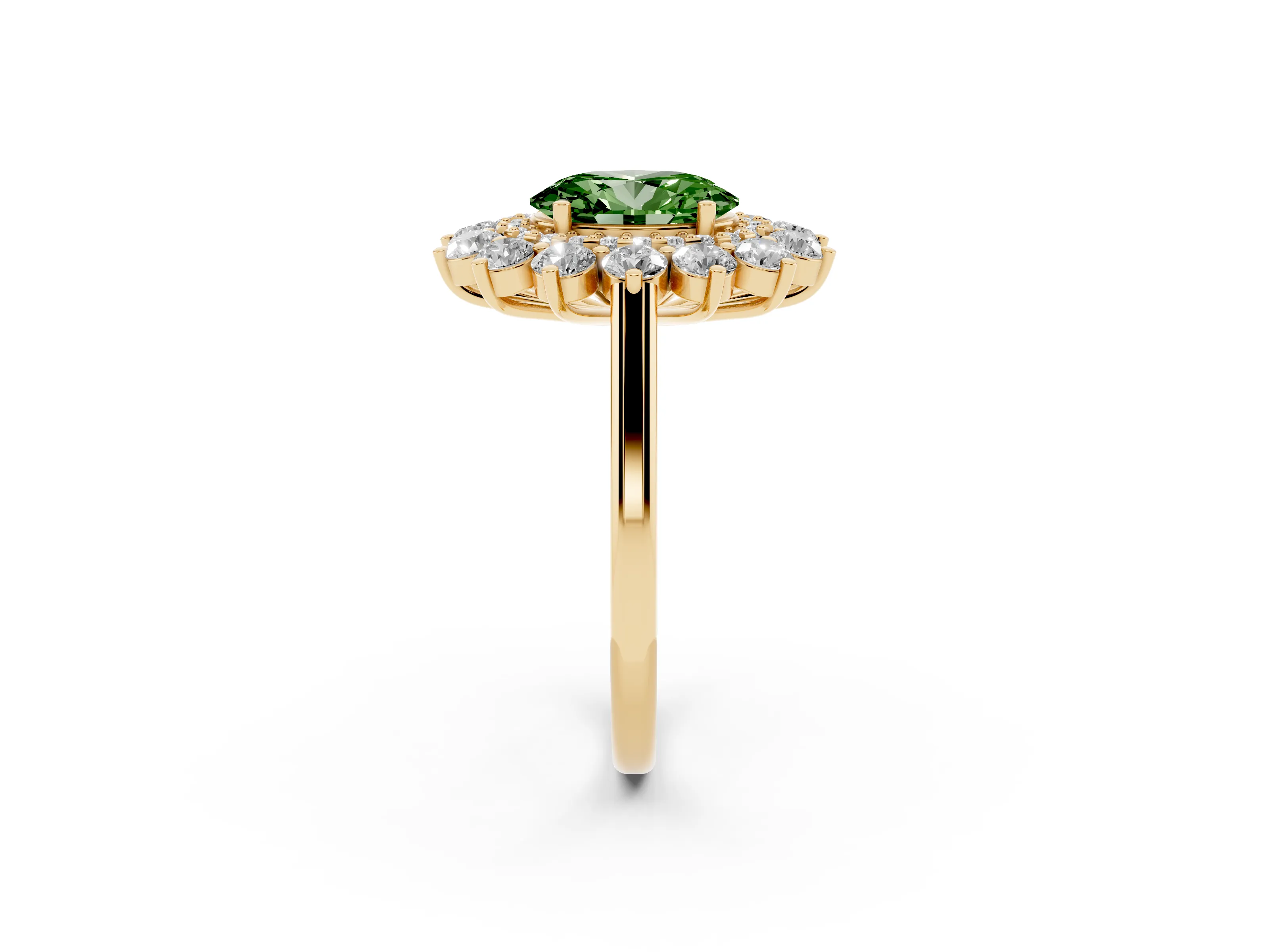 Fancy Green Oval Cut Diamond Floral Double Halo Ring Set in Yellow gold with Round Petals