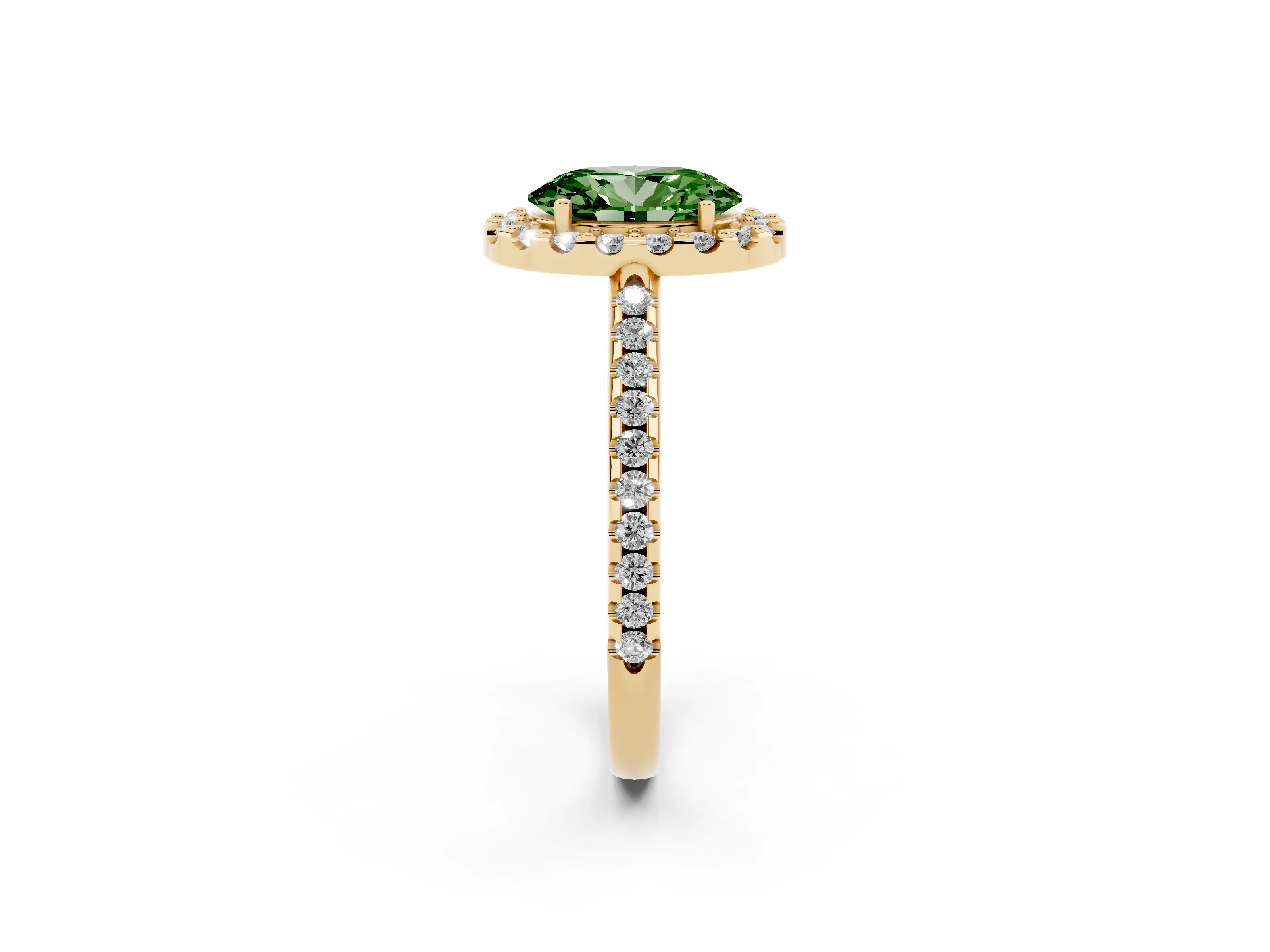 Fancy Green Oval Cut Diamond Pavé Halo Ring Set in Yellow gold with Prong Setting