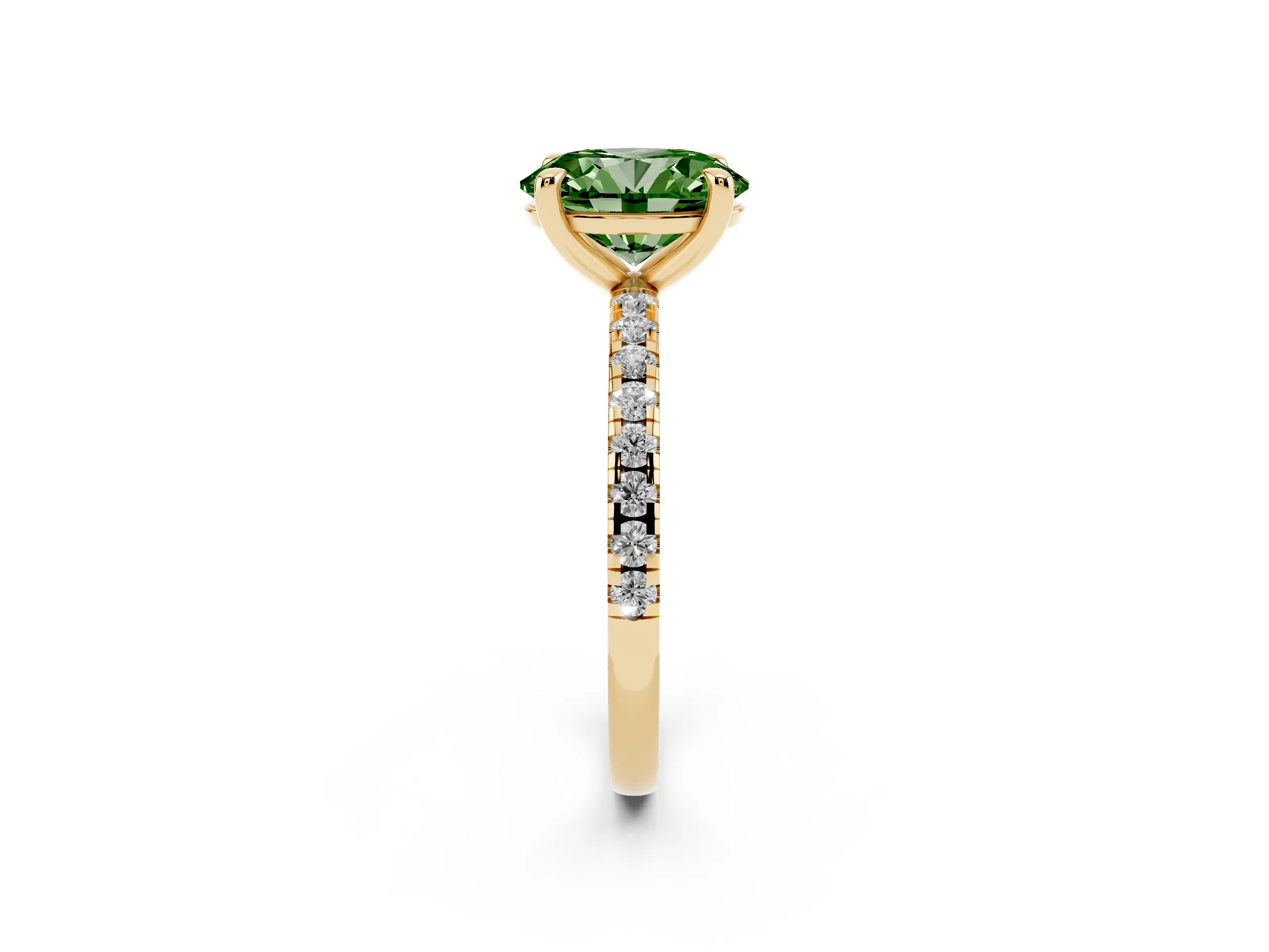 Fancy Green Oval Cut Diamond Brilliant Solitaire Ring Set in Yellow gold with Pavé Band and Prong Setting