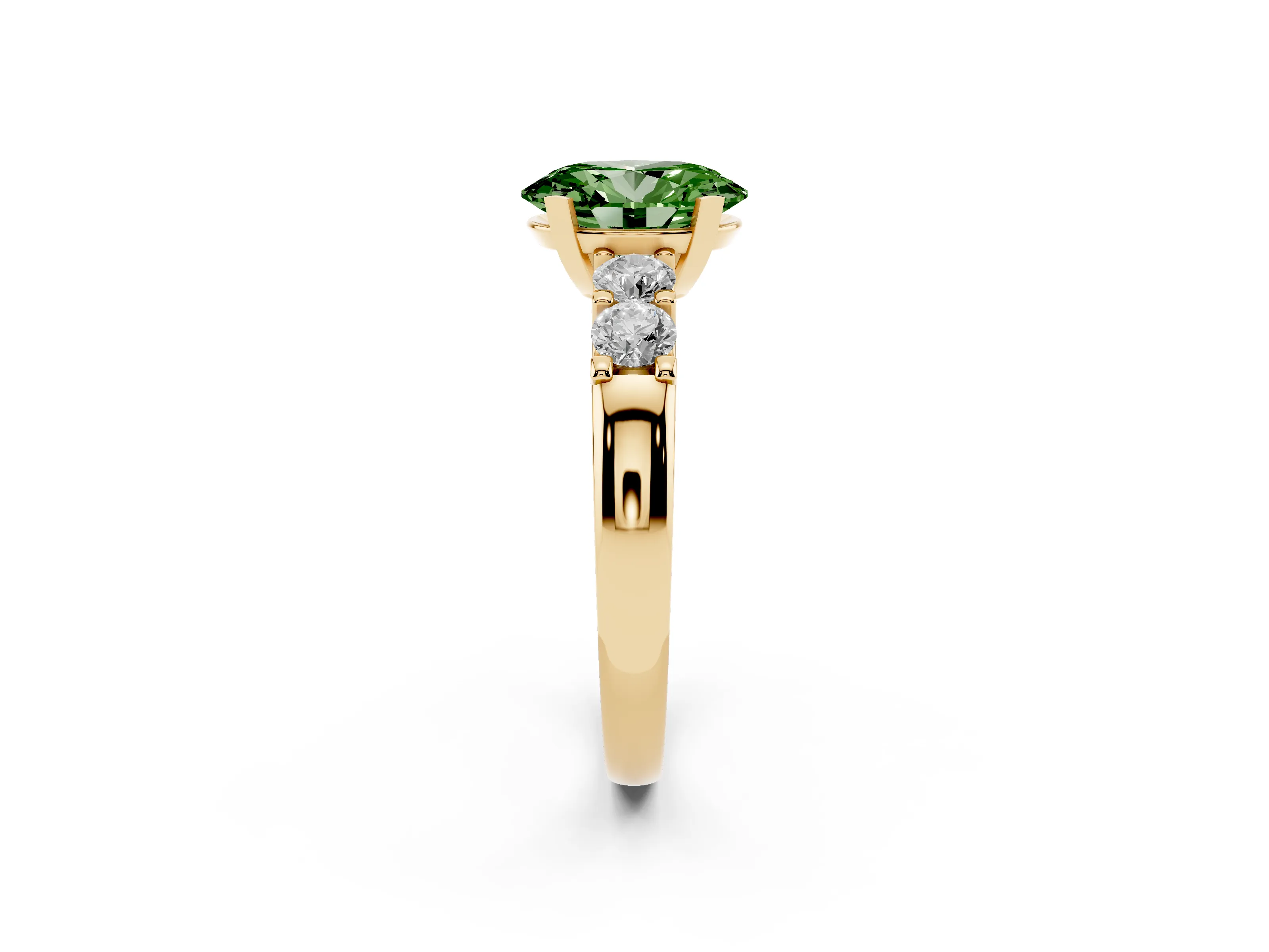 Fancy Green Oval Cut Diamond Five-Stone Prong Set Engagement Ring Set in Yellow gold with Channel Band