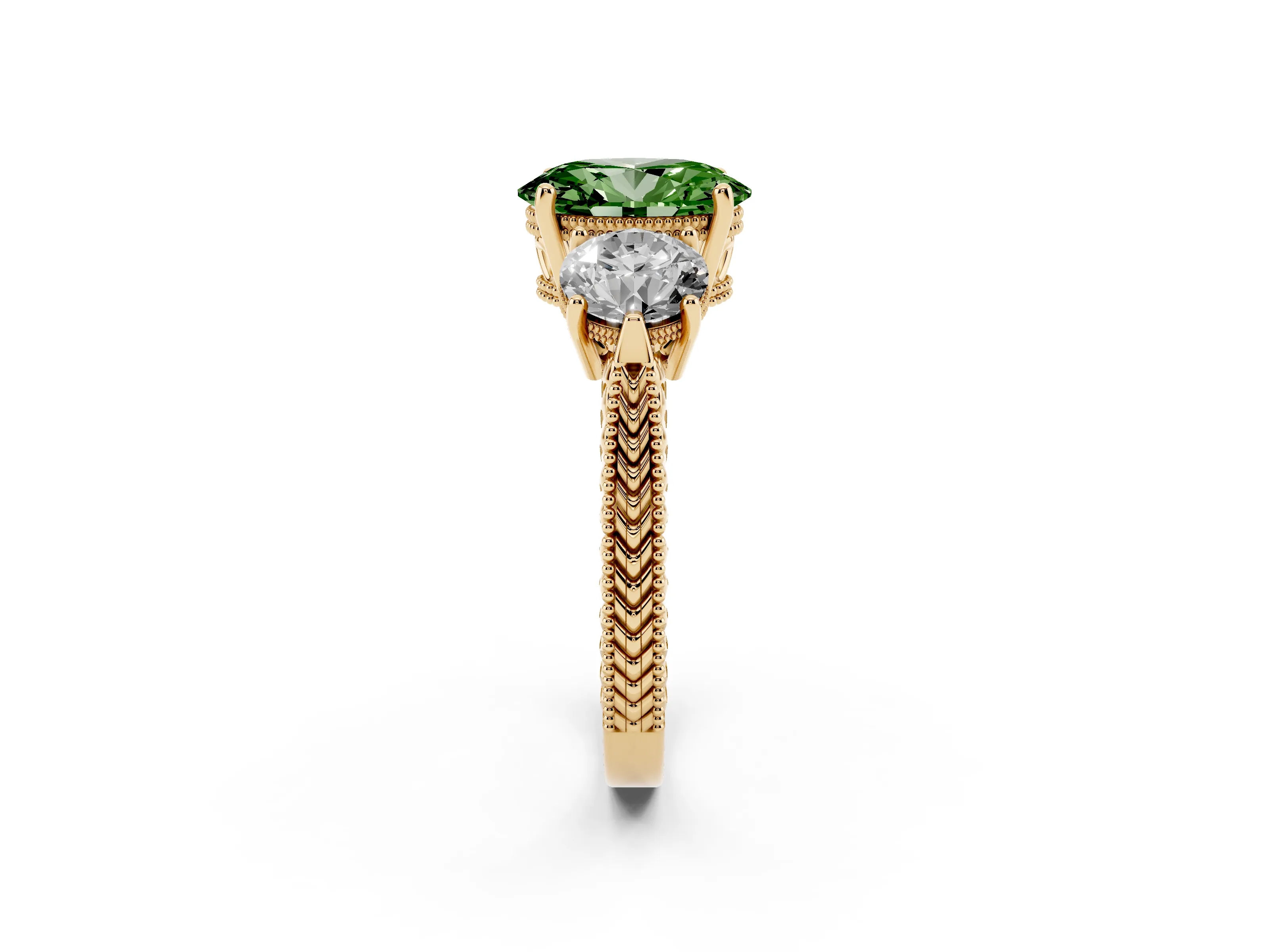 Fancy Green Oval Cut Diamond Three-Stone Ring Set in Yellow gold with Milgrain Band