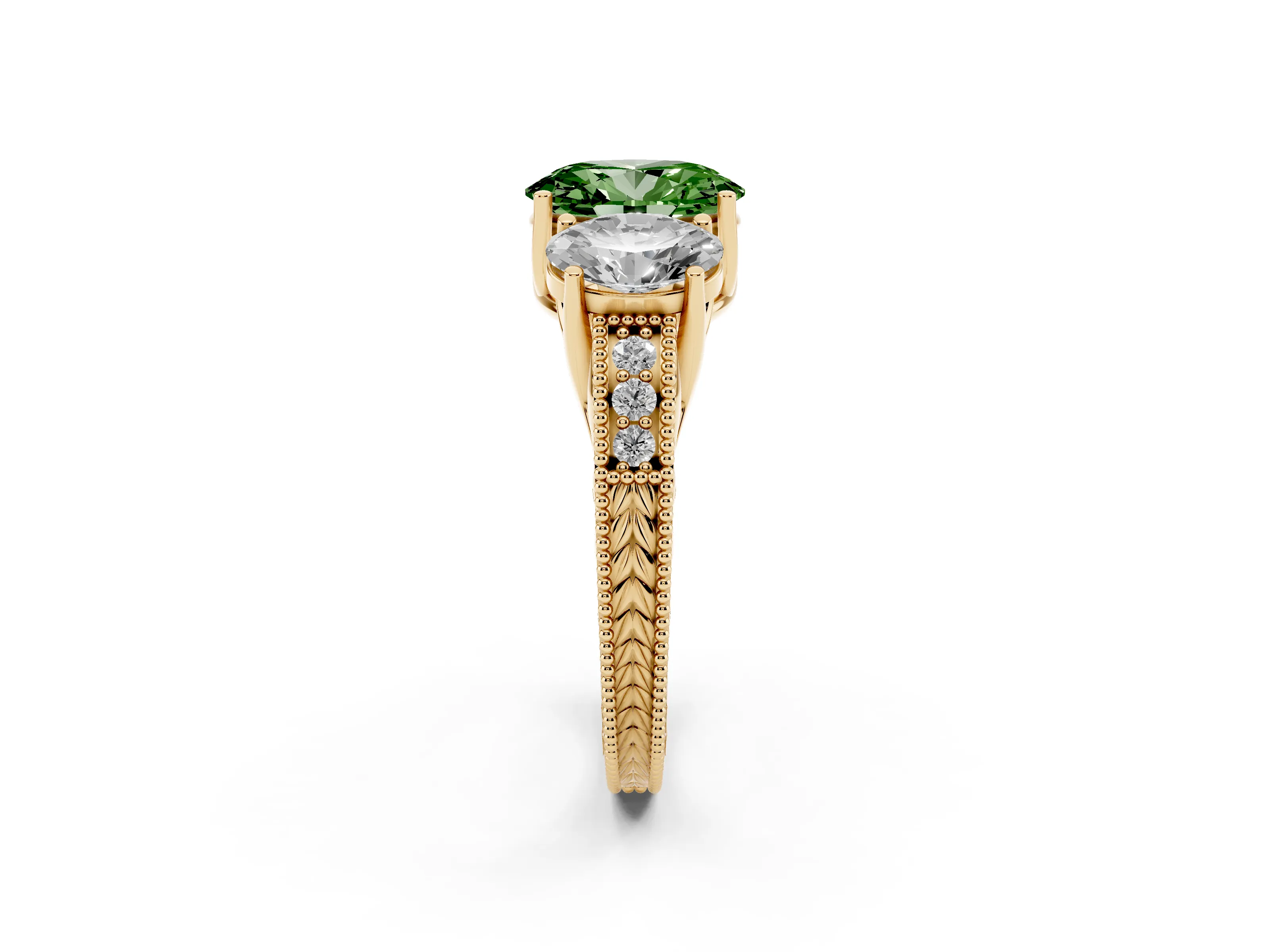 Fancy Green Oval Cut Diamond Three-Stone Engagement Ring Set in Yellow gold with Milgrain Pavé Band