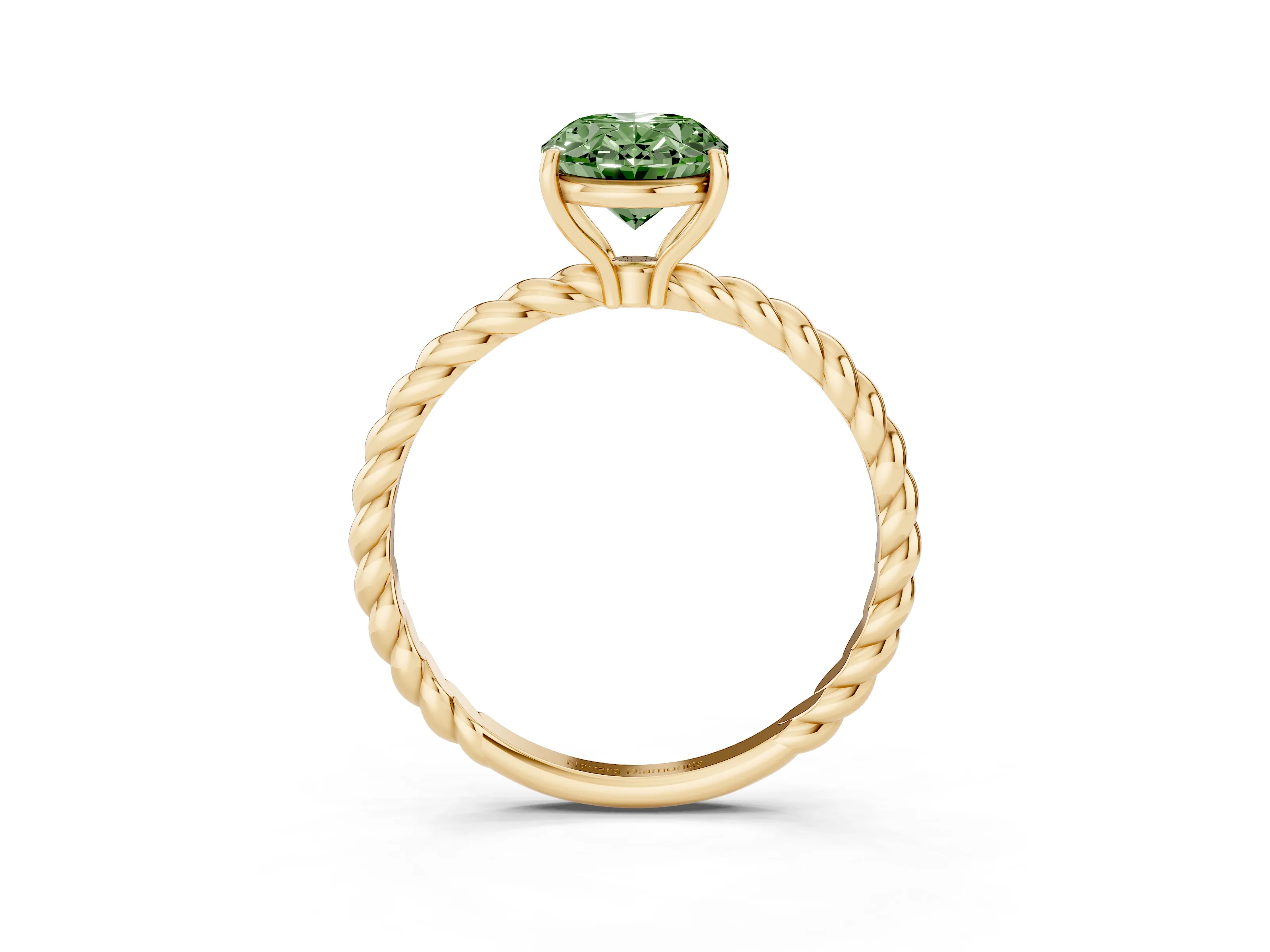 Fancy Green Oval Cut Diamond Solitaire Twisted Band Ring Set in Yellow gold with Prong Solitaire Setting
