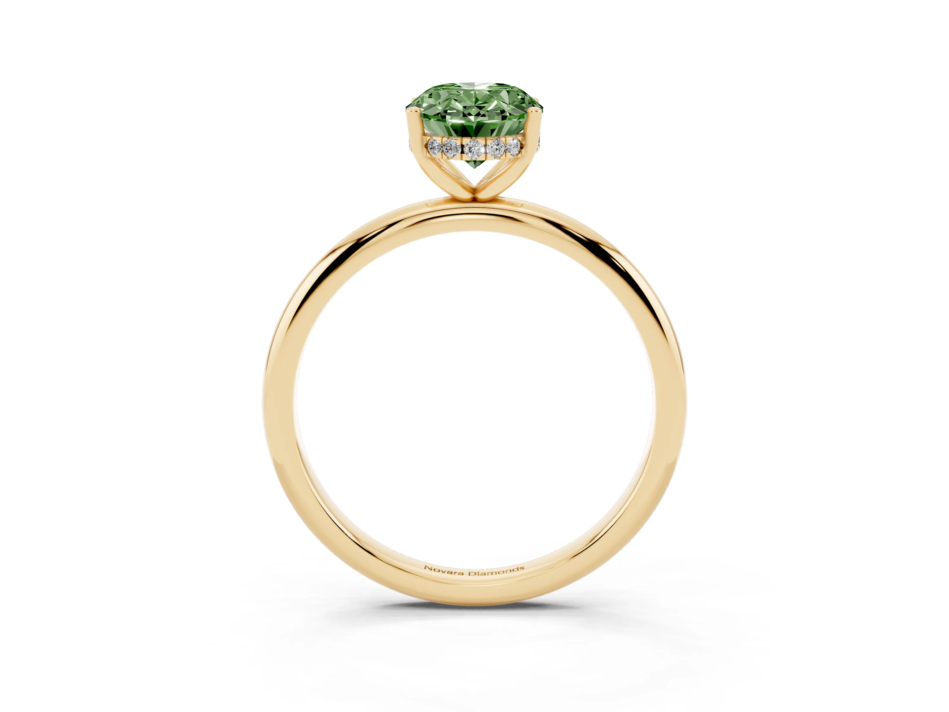 Fancy Green Oval Cut Diamond Solitaire Engagement Ring Set in Yellow gold with Prong Setting and Polished Band