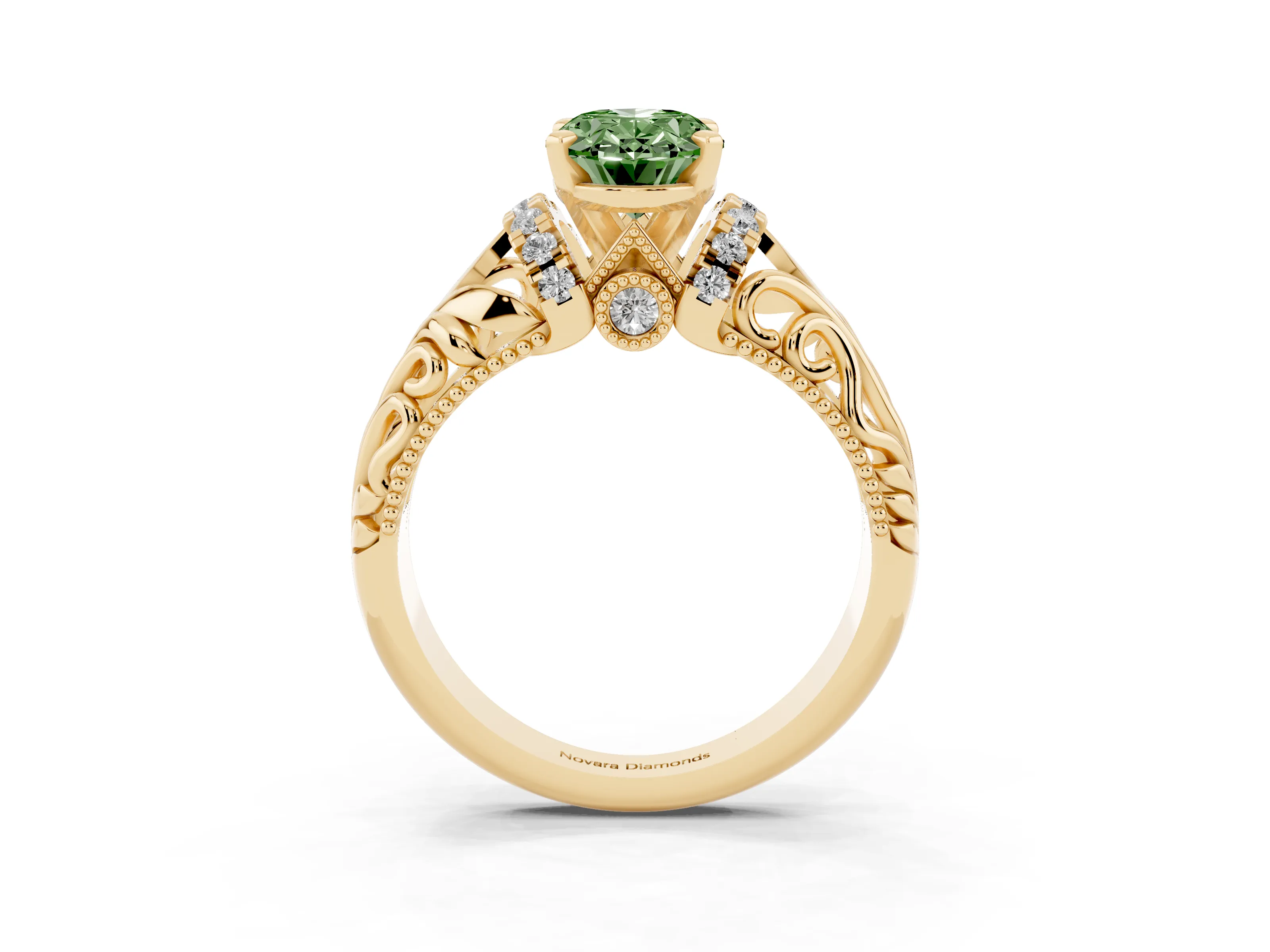 Fancy Green Oval Cut Diamond Filigree Halo Engagement Ring Set in Yellow gold with Prong Setting