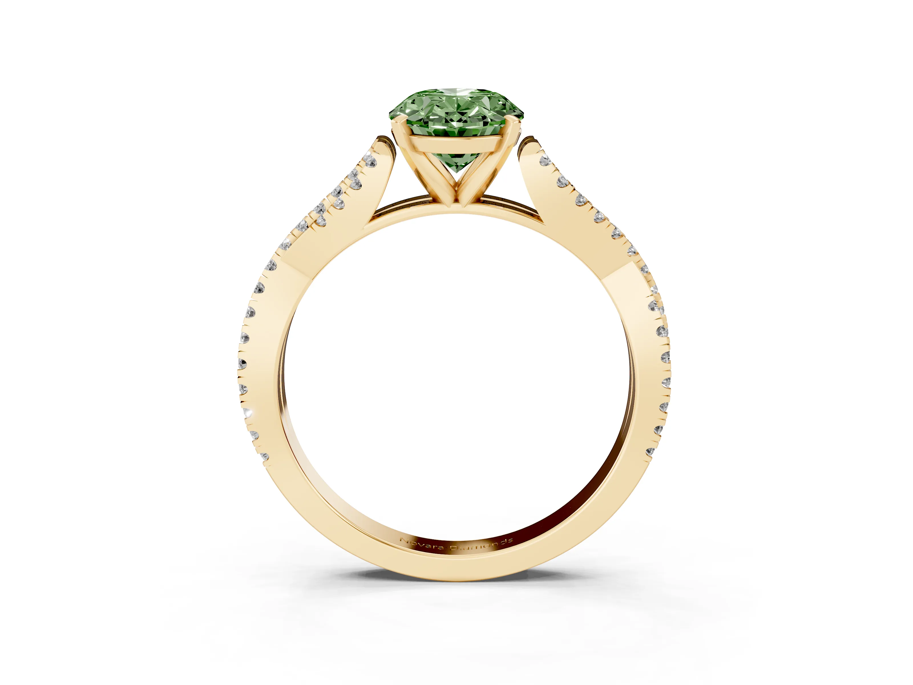 Fancy Green Oval Cut Diamond Solitaire Engagement Ring Set in Yellow gold with Twisted Pavé Band and Prong Setting