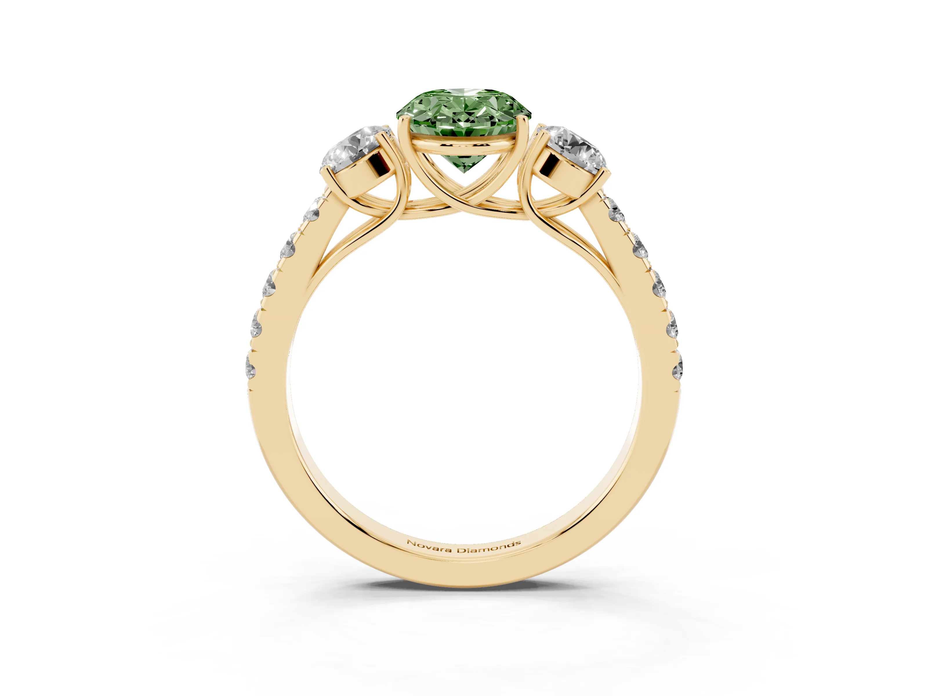 Fancy Green Oval Cut Diamond Three-Stone Ring Set in Yellow gold with Round Side Stones and Delicate Pavé Band