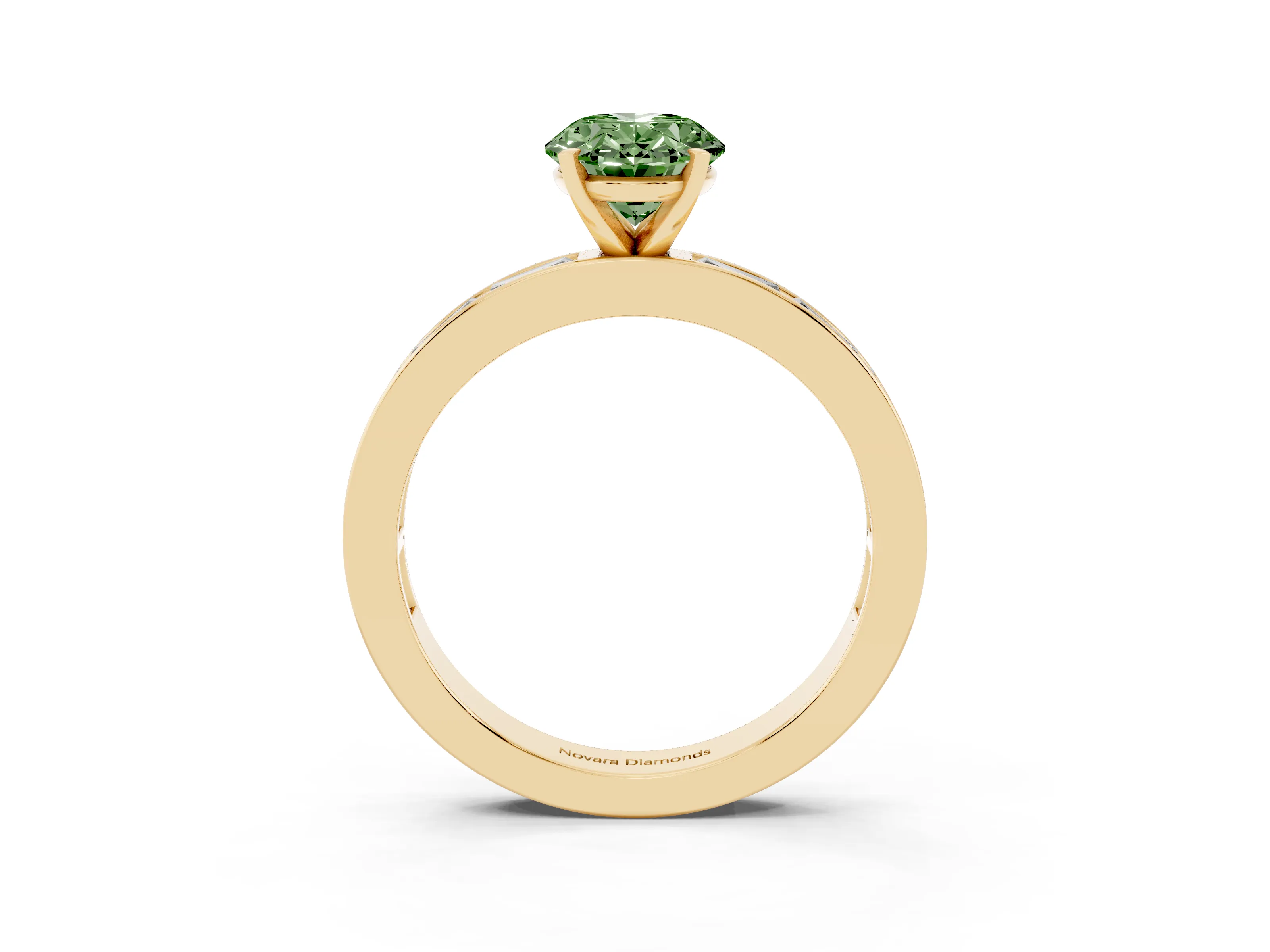 Fancy Green Oval Cut Diamond Solitaire Ring Set in Yellow gold with Channel-Set Baguette Band and Prong Setting