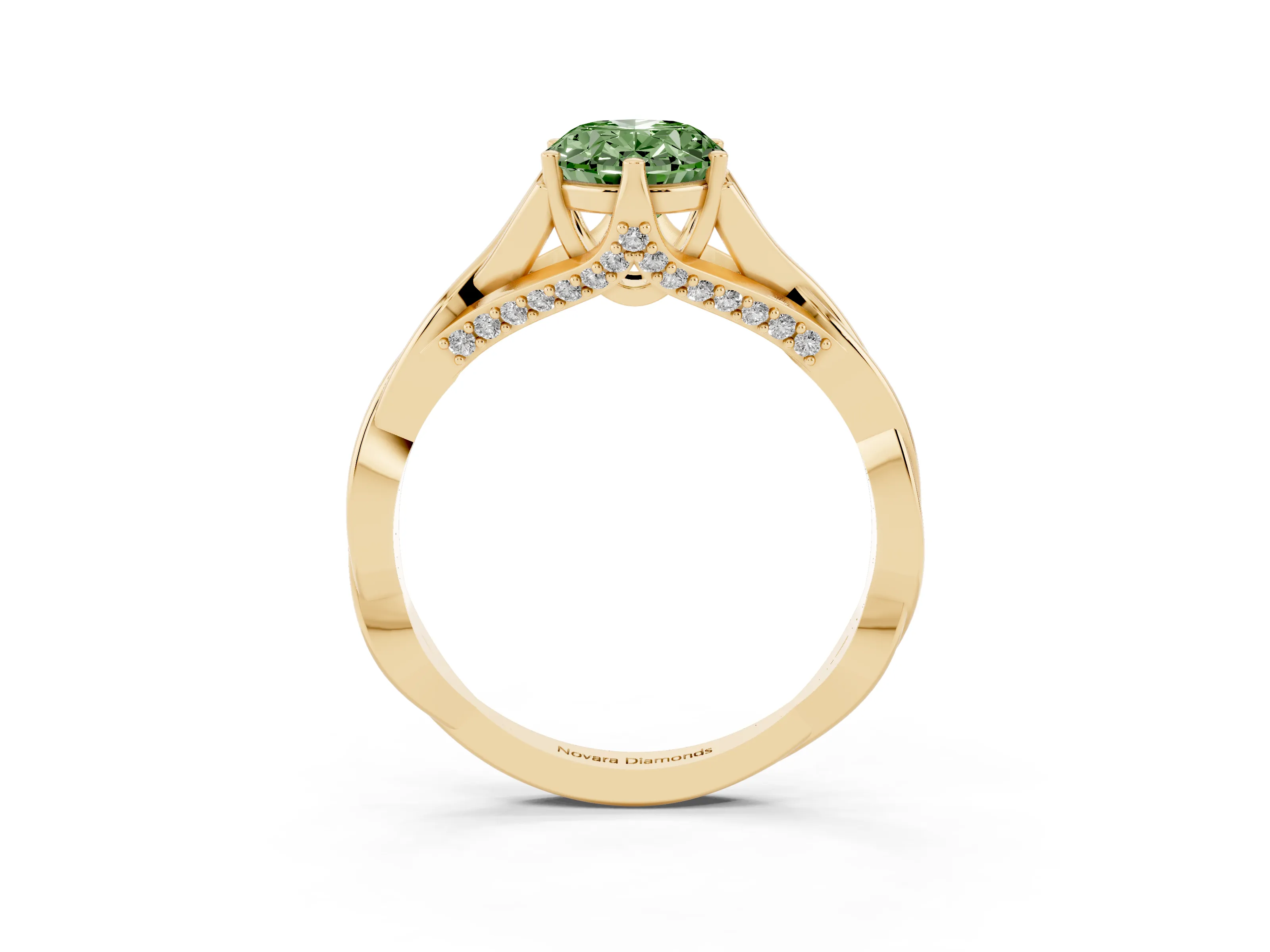 Fancy Green Oval Cut Diamond Intertwined Twist Band Solitaire Ring Set in Yellow gold with Prong Setting