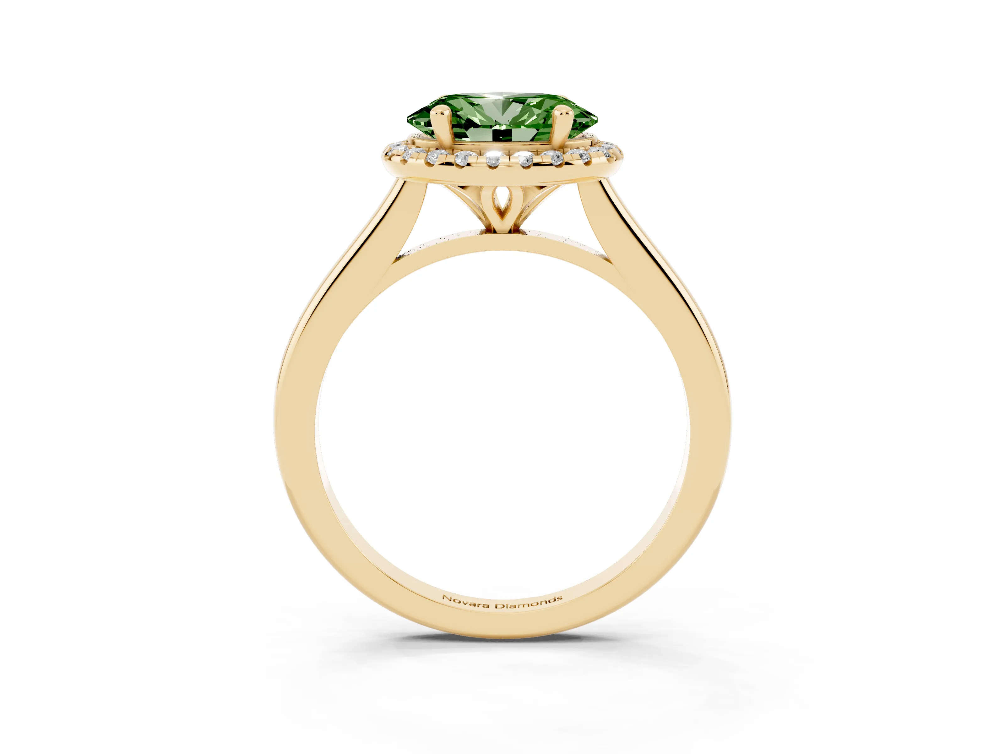 Fancy Green Oval Cut Diamond Halo Engagement Ring Set in Yellow gold with Pavé Band and Rising Shoulders
