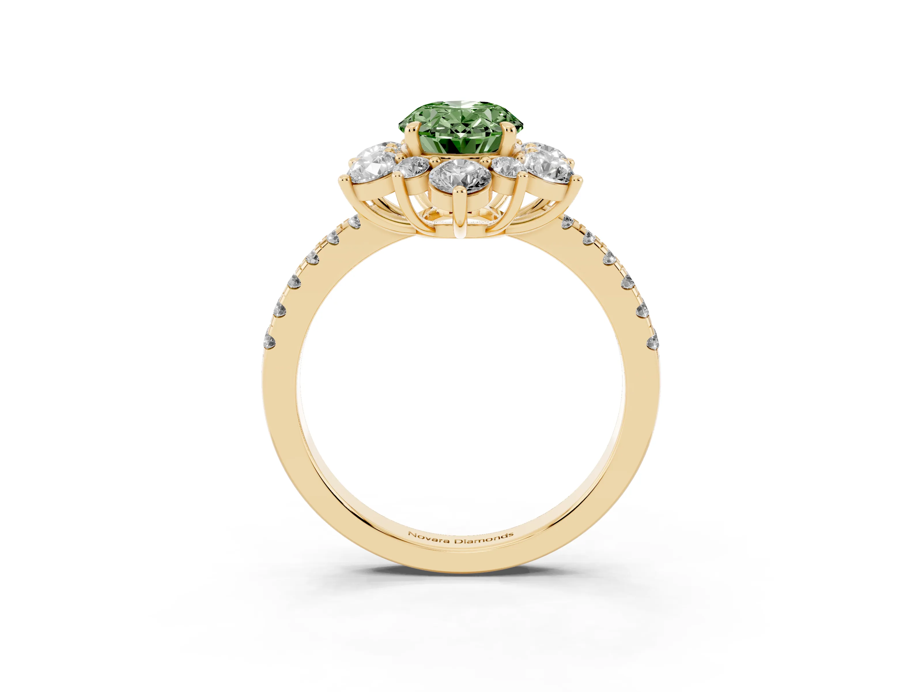 Fancy Green Oval Cut Diamond Floral Halo Ring Set in Yellow gold with Round Pavé Band and Prong Setting