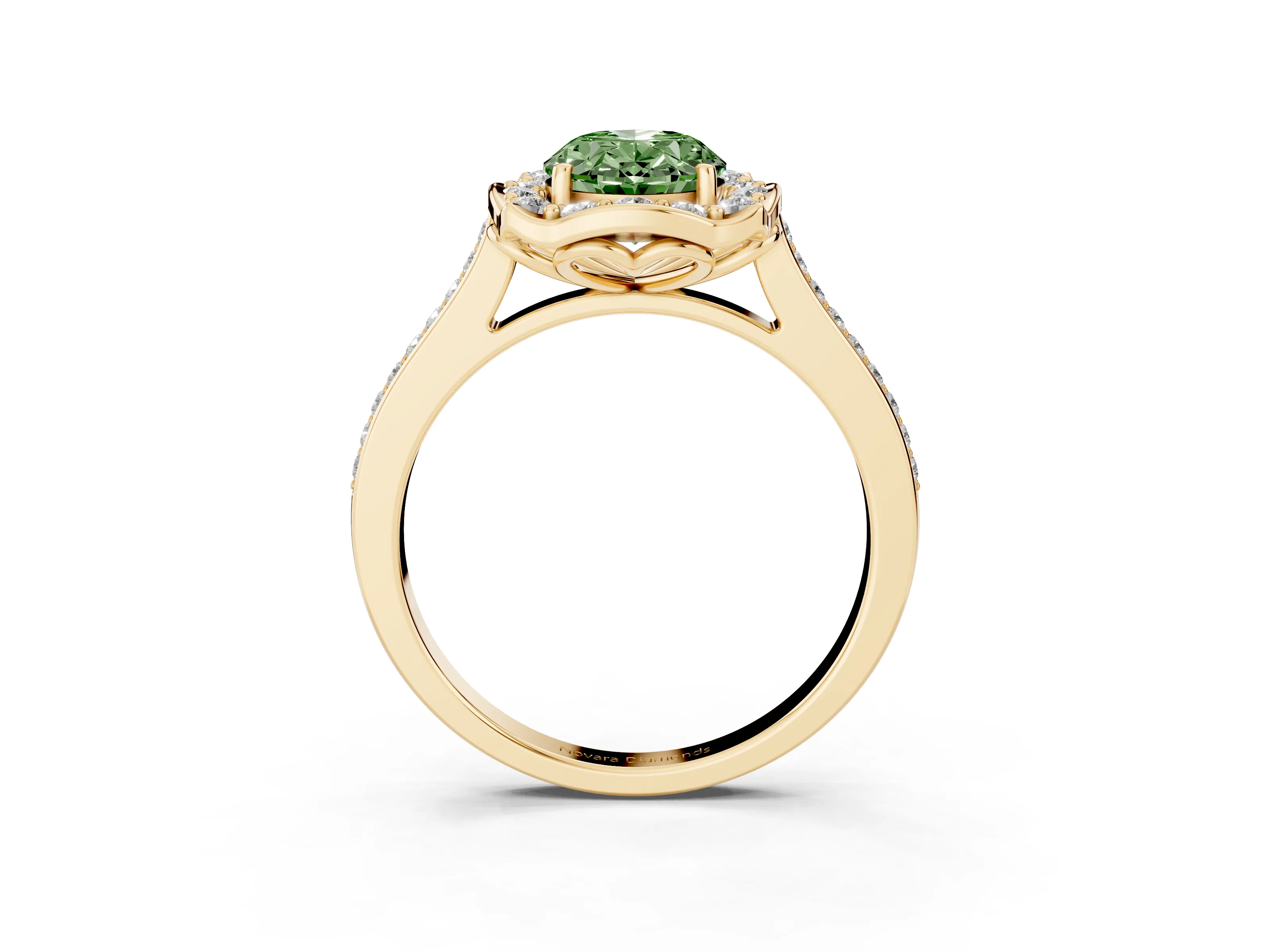 Fancy Green Oval Cut Diamond Halo Ring Set in Yellow gold with Pavé-Lined Shoulders and Prong Setting