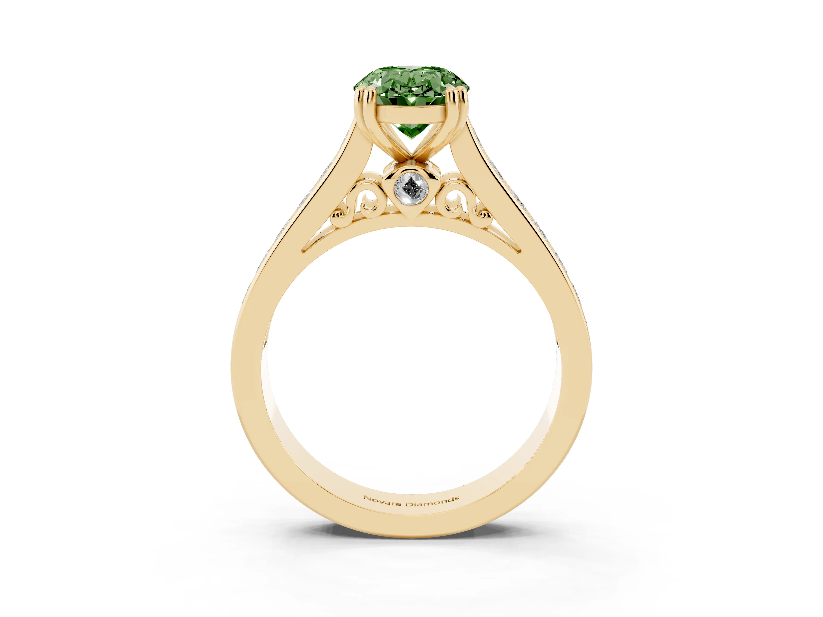 Fancy Green Oval Cut Diamond Channel Set Solitaire Engagement Ring Set in Yellow gold with Prong Setting