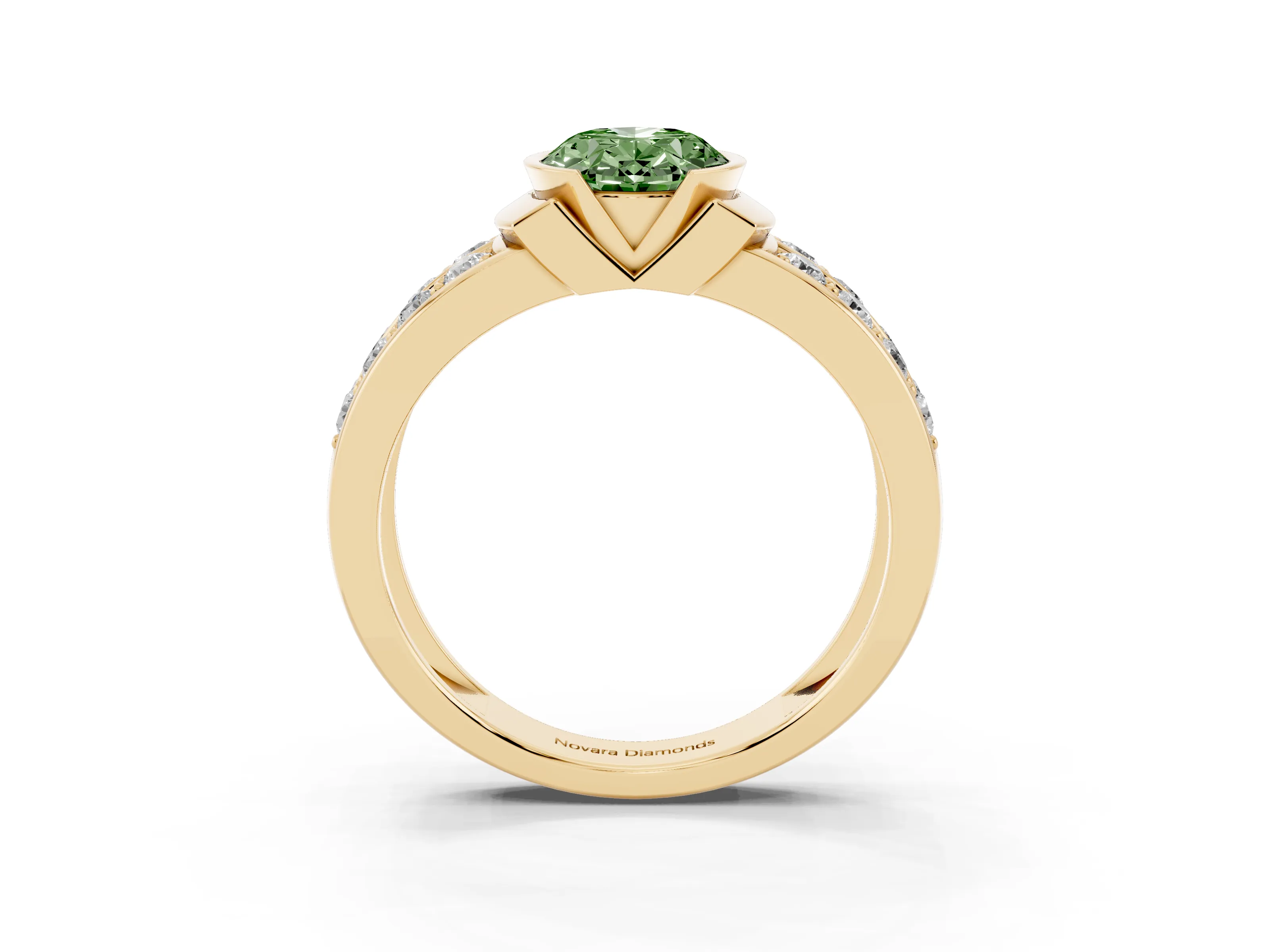 Fancy Green Oval Cut Diamond Wide Channel Set Band Ring Set in Yellow gold with Bezel Setting