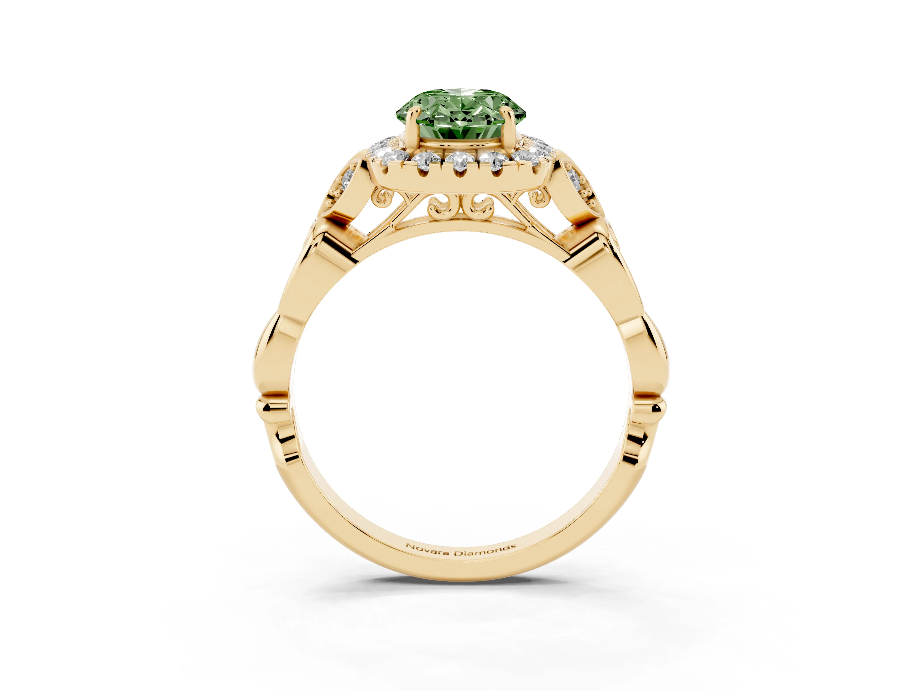 Fancy Green Oval Cut Diamond Halo Engagement Ring Set in Yellow gold with Vintage-Inspired Band and Prong Setting