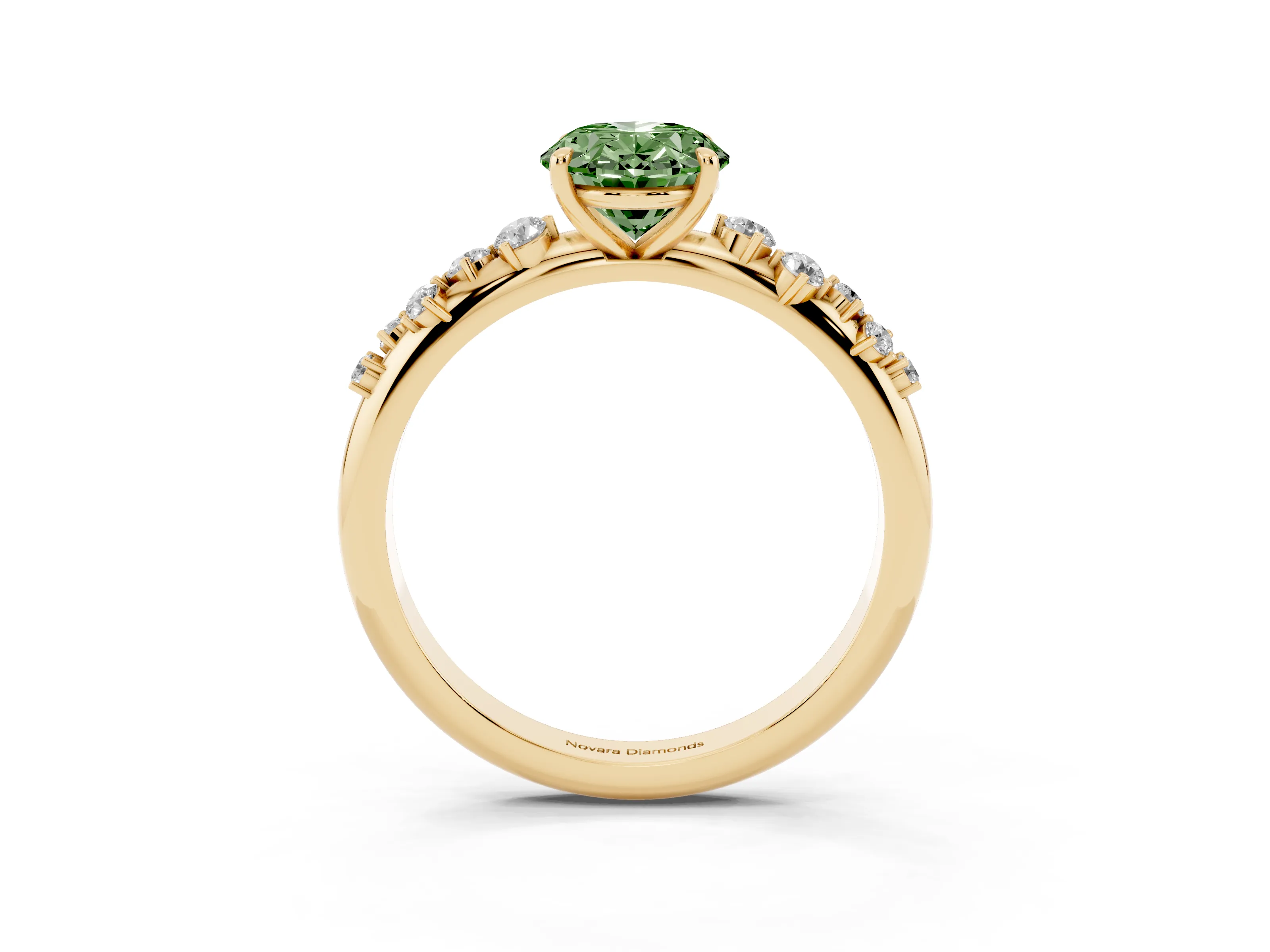 Fancy Green Oval Cut Diamond Cluster Solitaire Ring Set in Yellow gold with Prong Setting