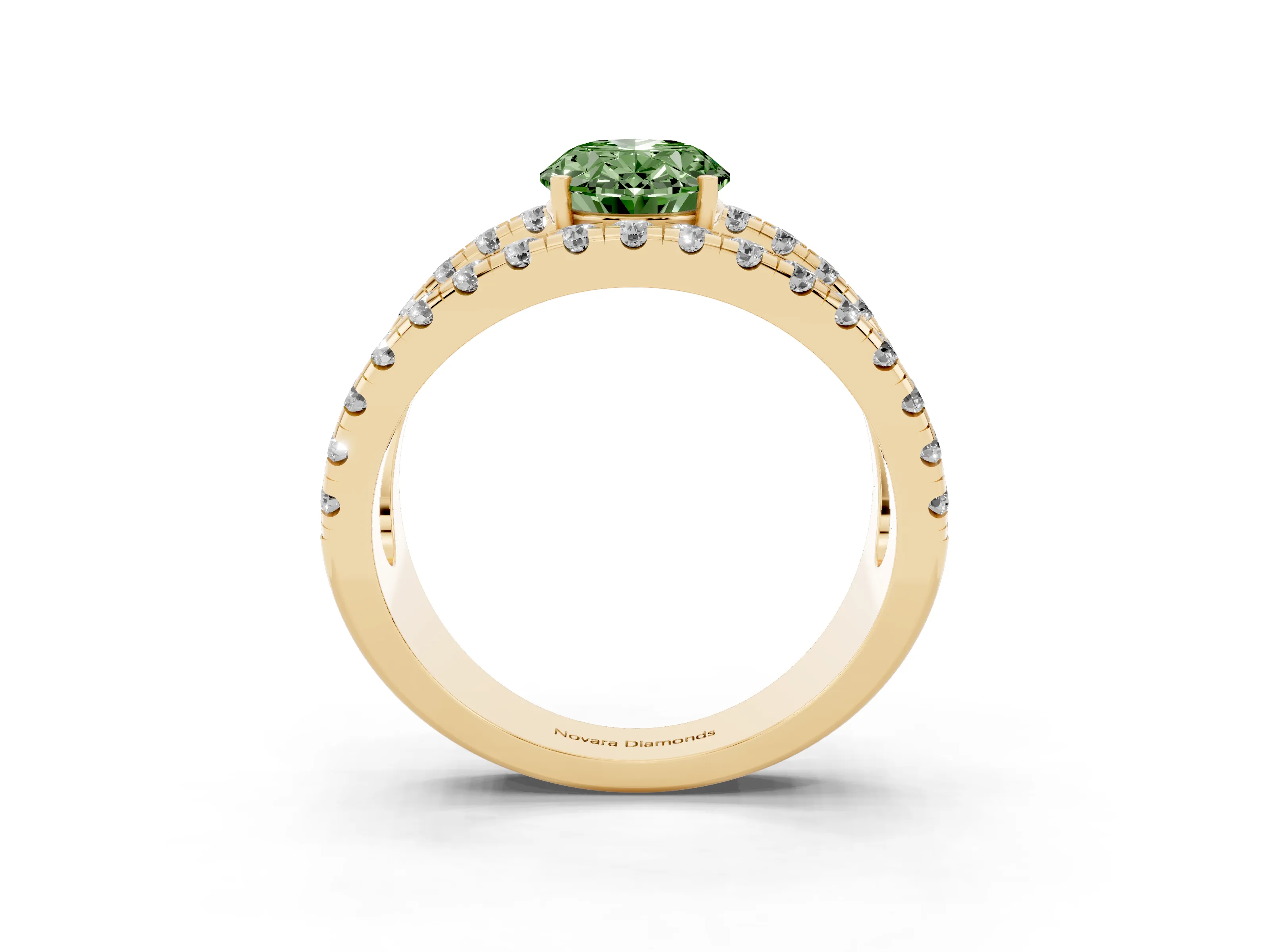 Fancy Green Oval Cut Diamond Split Shank Pavé Solitaire Ring Set in Yellow gold with Open Shank Design
