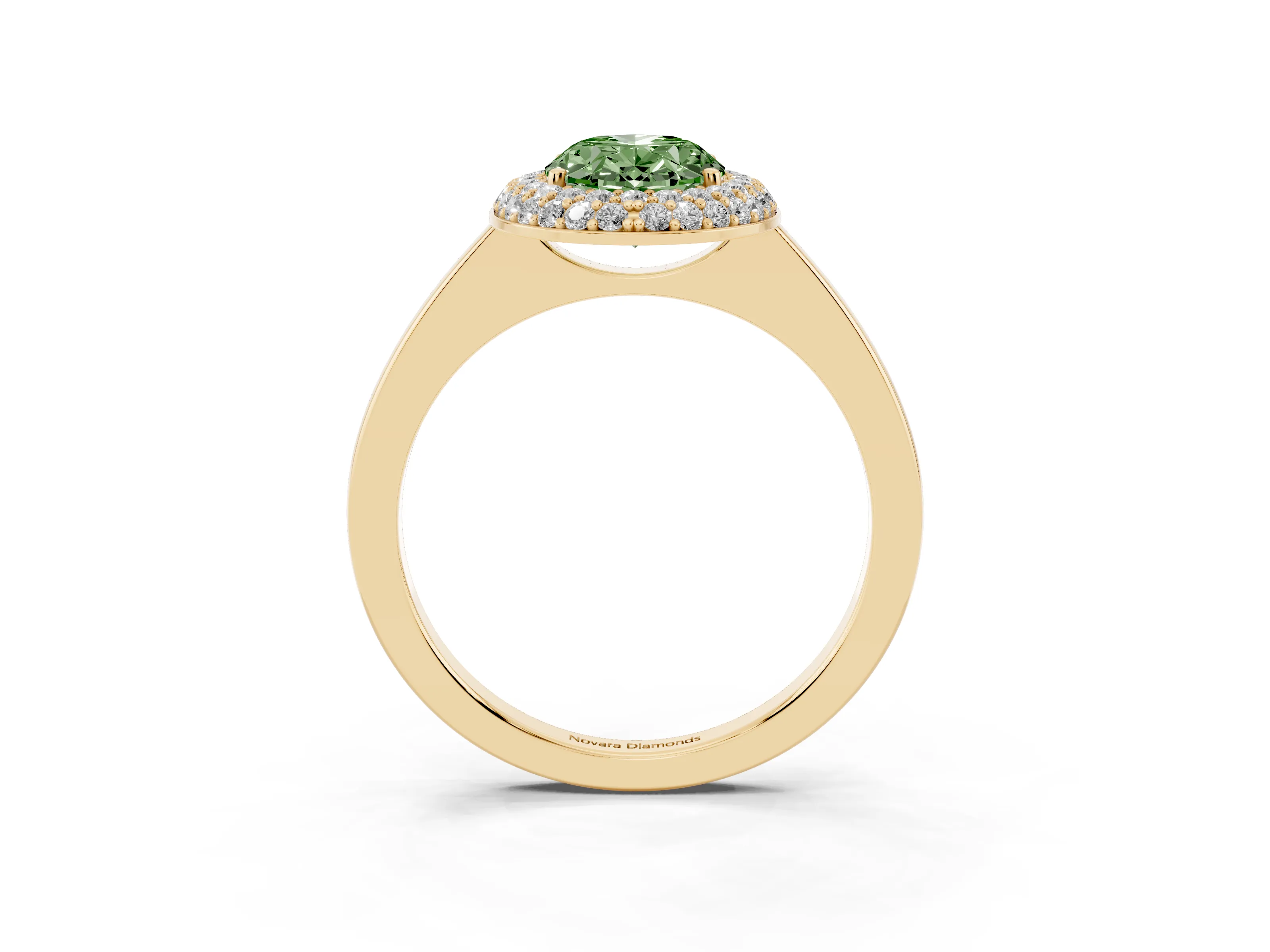 Fancy Green Oval Cut Diamond Halo Engagement Ring Set in Yellow gold with Solitaire Band and Prong Setting