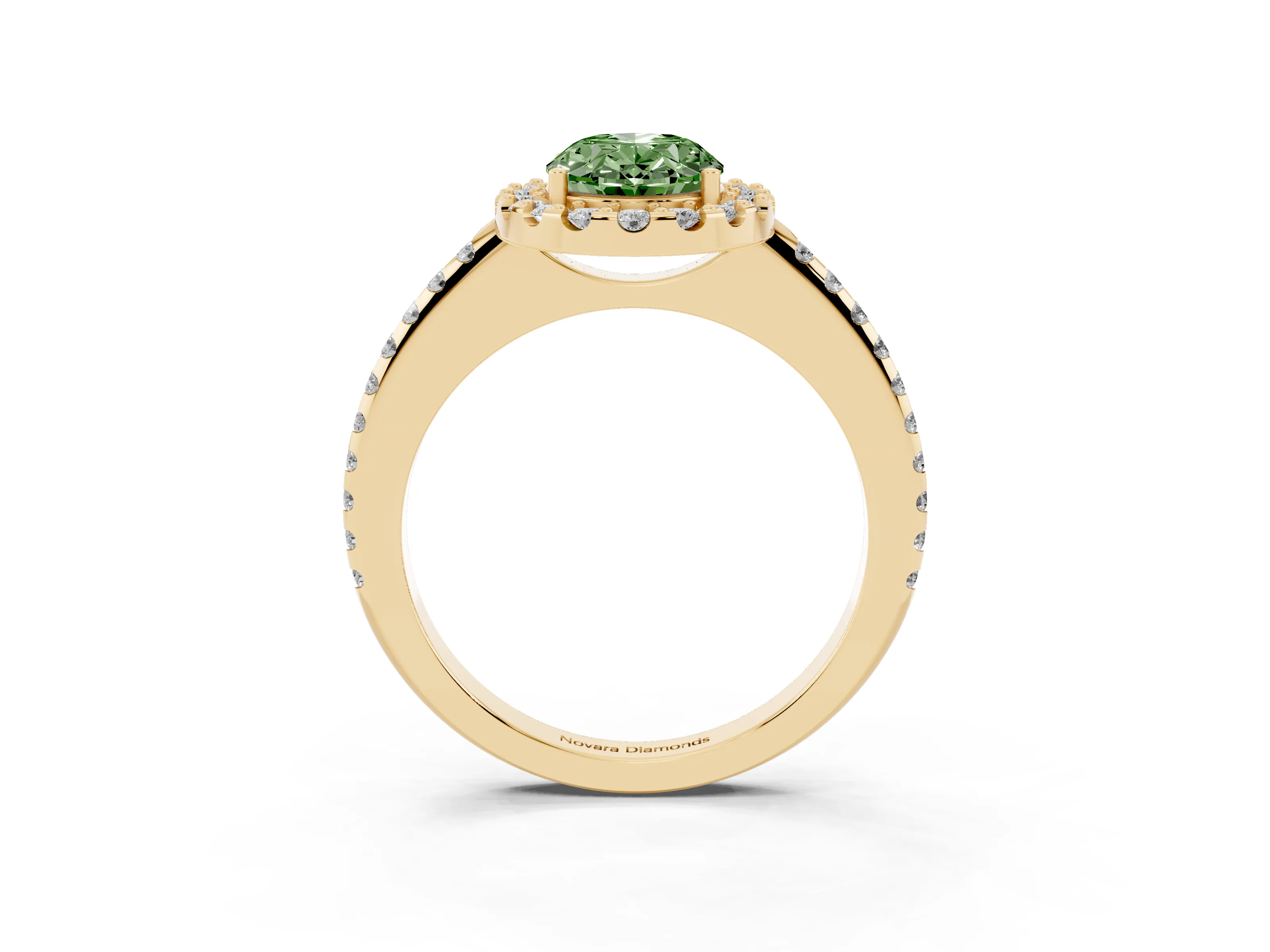 Fancy Green Oval Cut Diamond Pavé Halo Ring Set in Yellow gold with Prong Setting