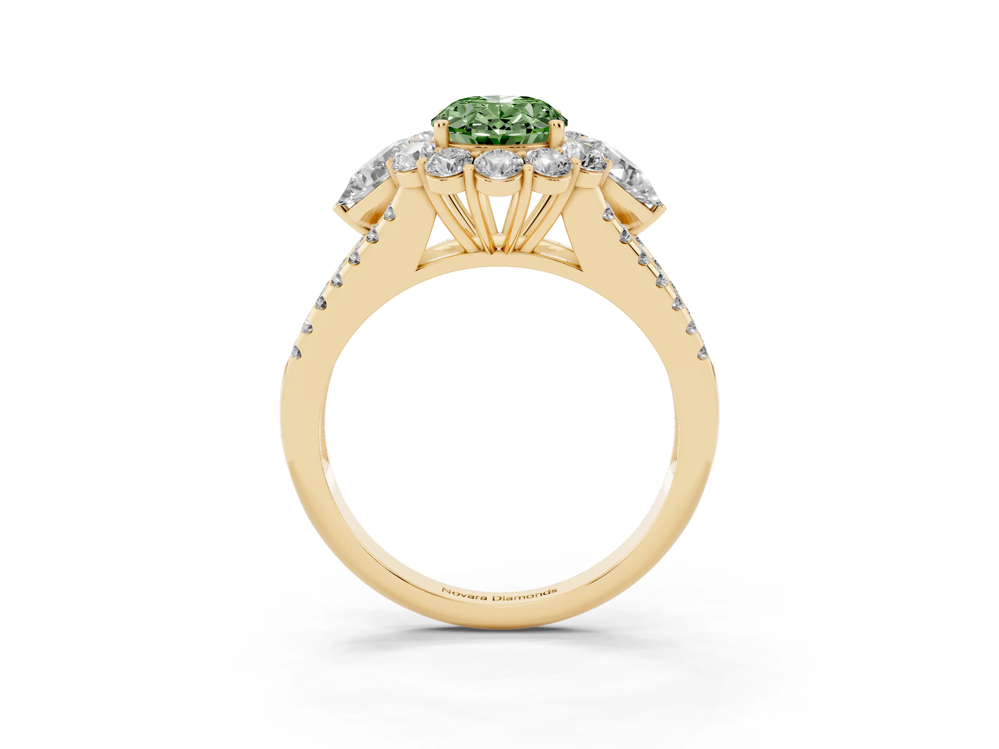 Fancy Green Oval Cut Diamond Halo Split Shank Engagement Ring Set in Yellow gold with Prong-Held Center Stone