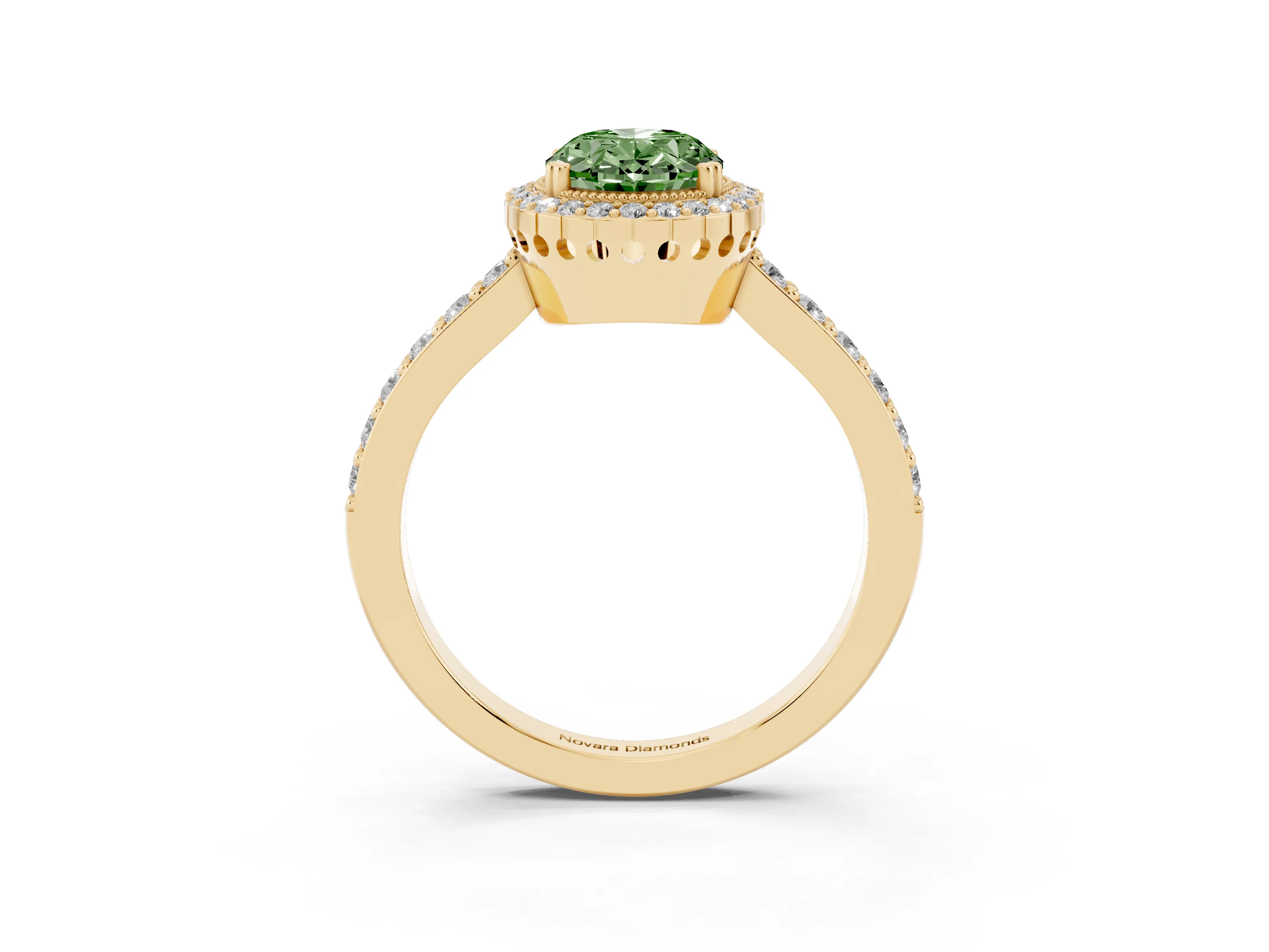 Fancy Green Oval Cut Diamond Halo Engagement Ring Set in Yellow gold with Milgrain Detail and Pavé Band