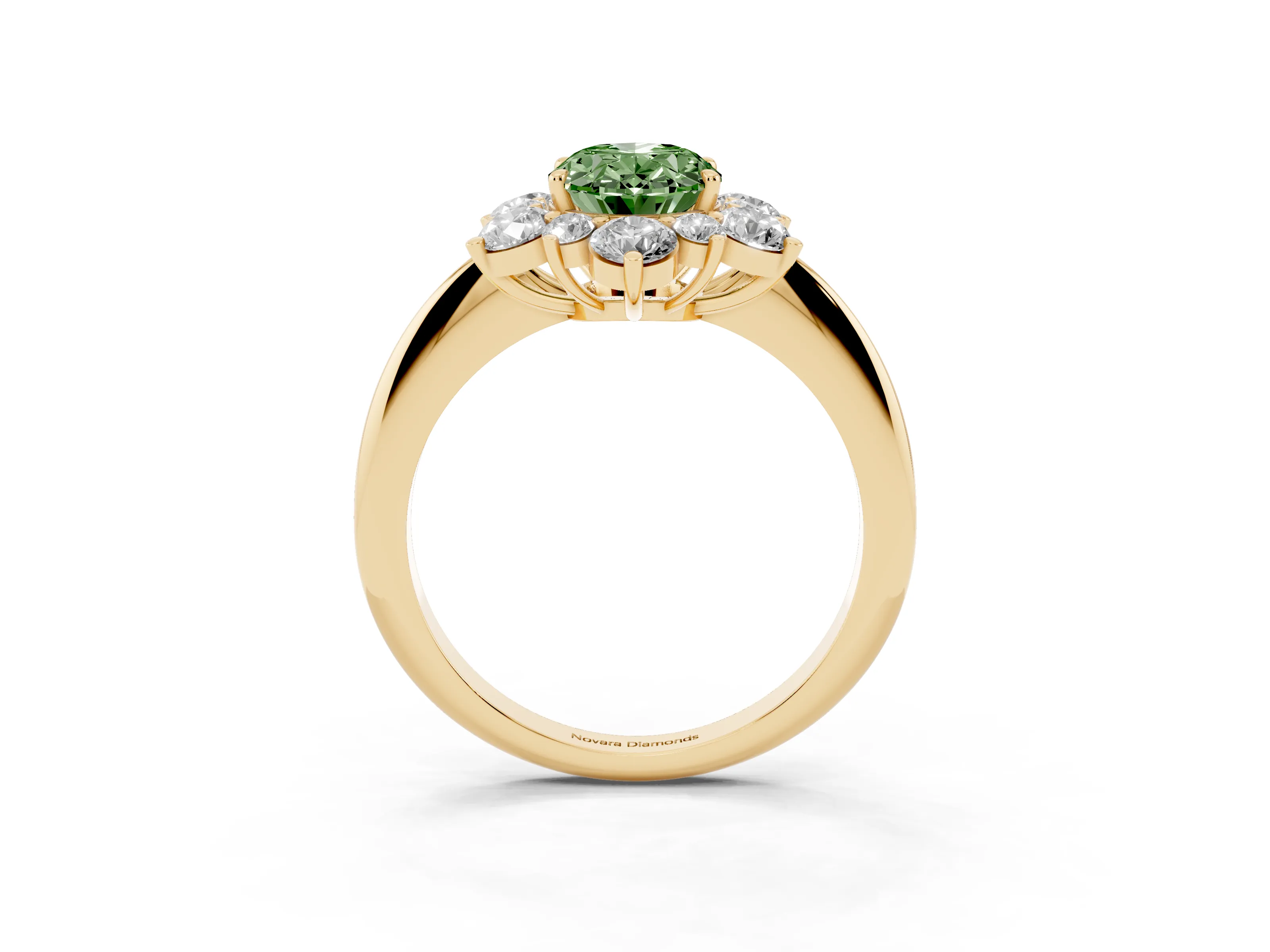Fancy Green Oval Cut Diamond Cluster Halo Ring Set in Yellow gold with Solitaire Band and Prong Setting